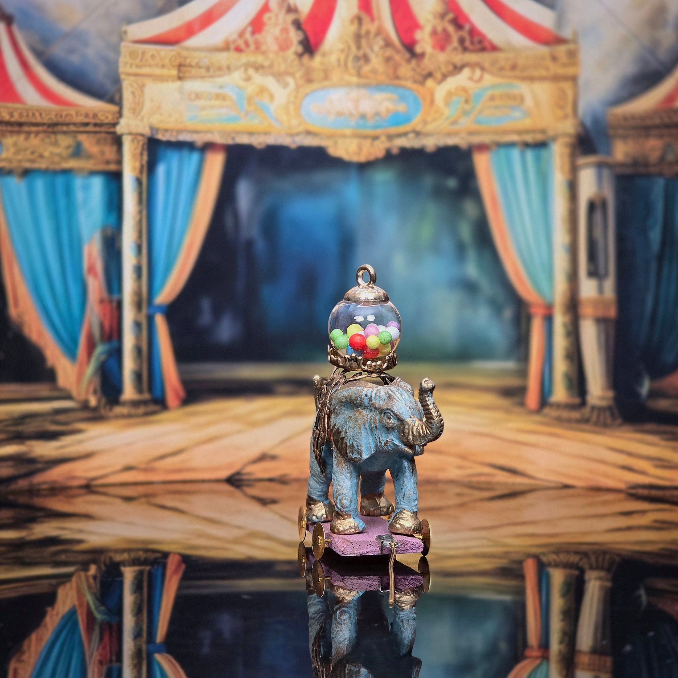 Artisan Circus Baby Elephant Pull Toy with Glass Candy Globe