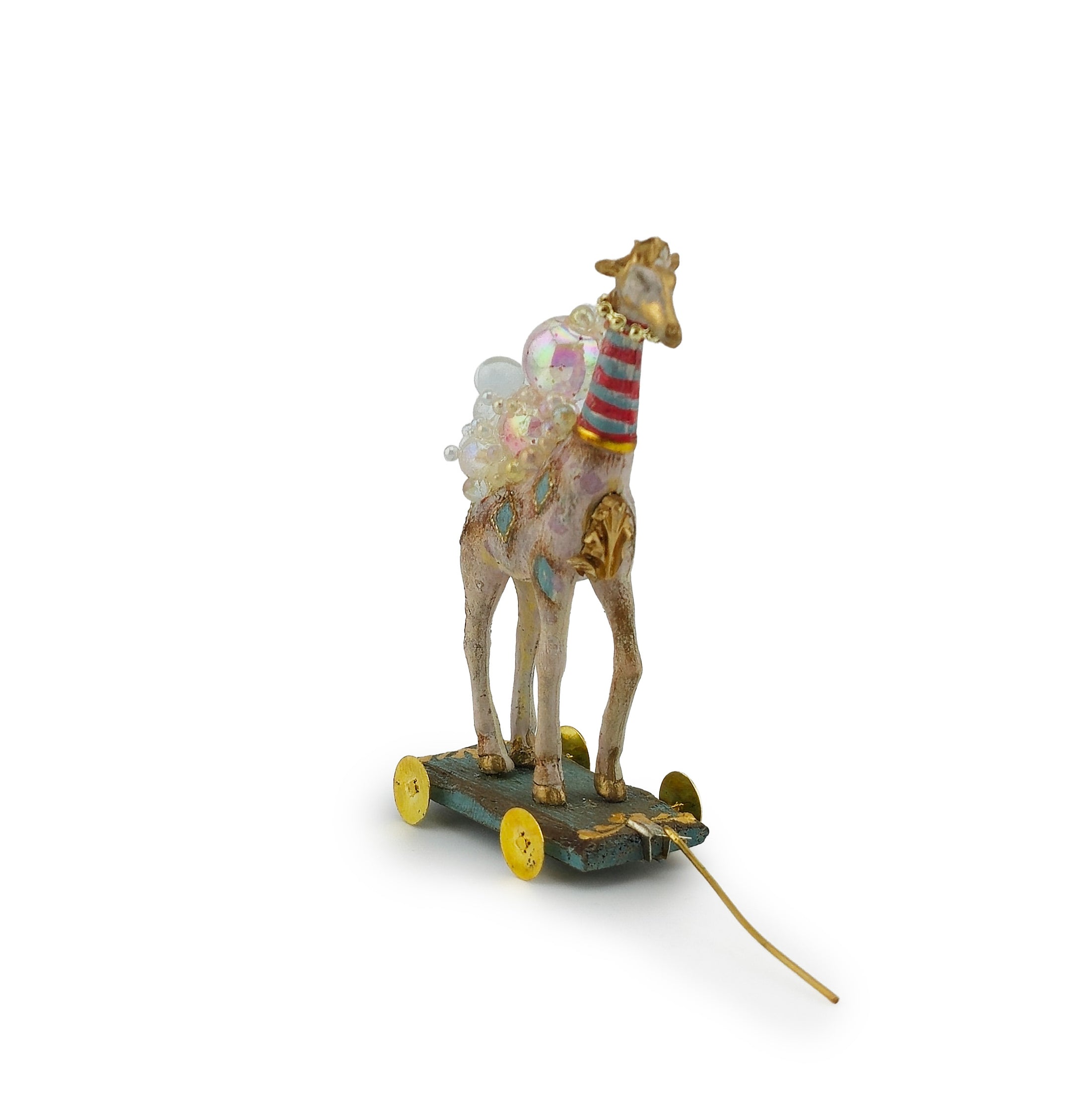 Vintage Artisan Circus Baby Giraffe Pull Toy with Glass Bubbles Miniature