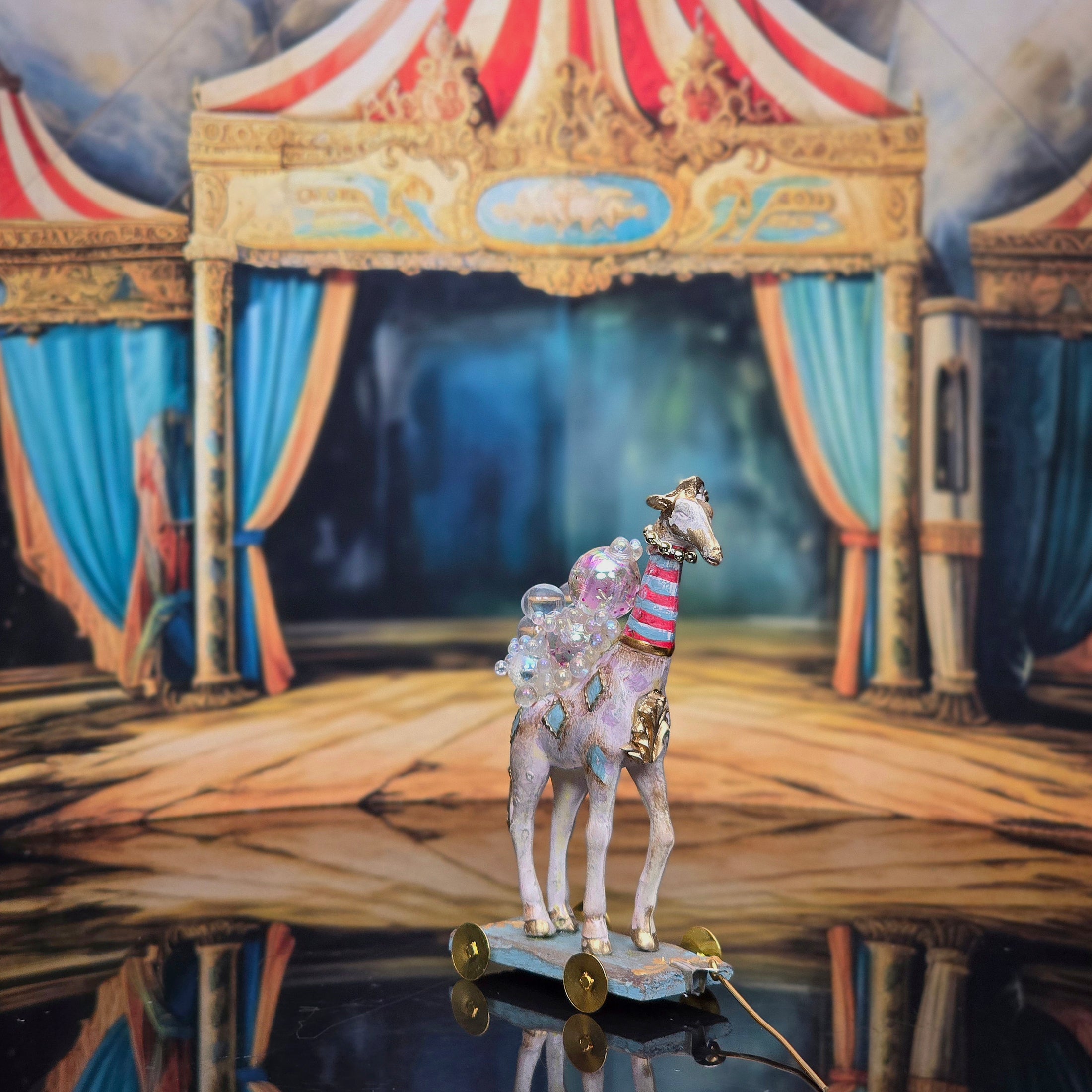 Vintage Artisan Circus Baby Giraffe Pull Toy with Glass Bubbles Miniature
