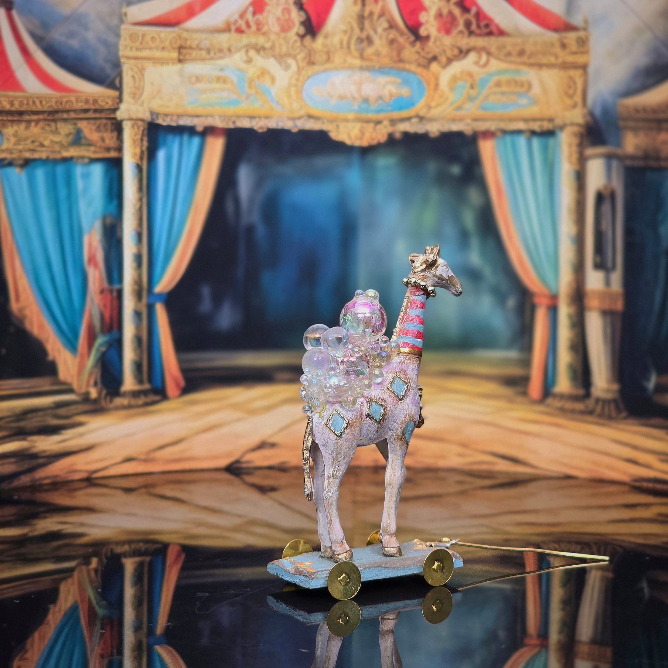 Vintage Artisan Circus Baby Giraffe Pull Toy with Glass Bubbles Miniature