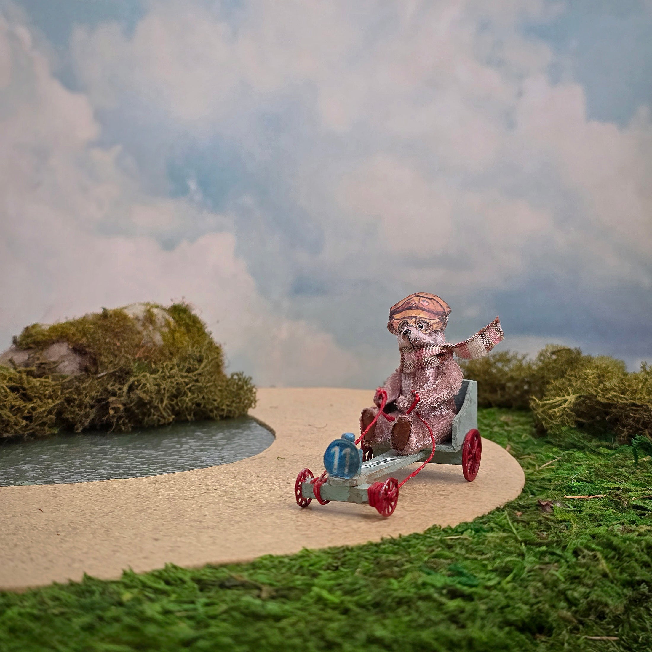 Le Coffre d’Emilie Mohair Bear Blue & Red Go-Kart Racer