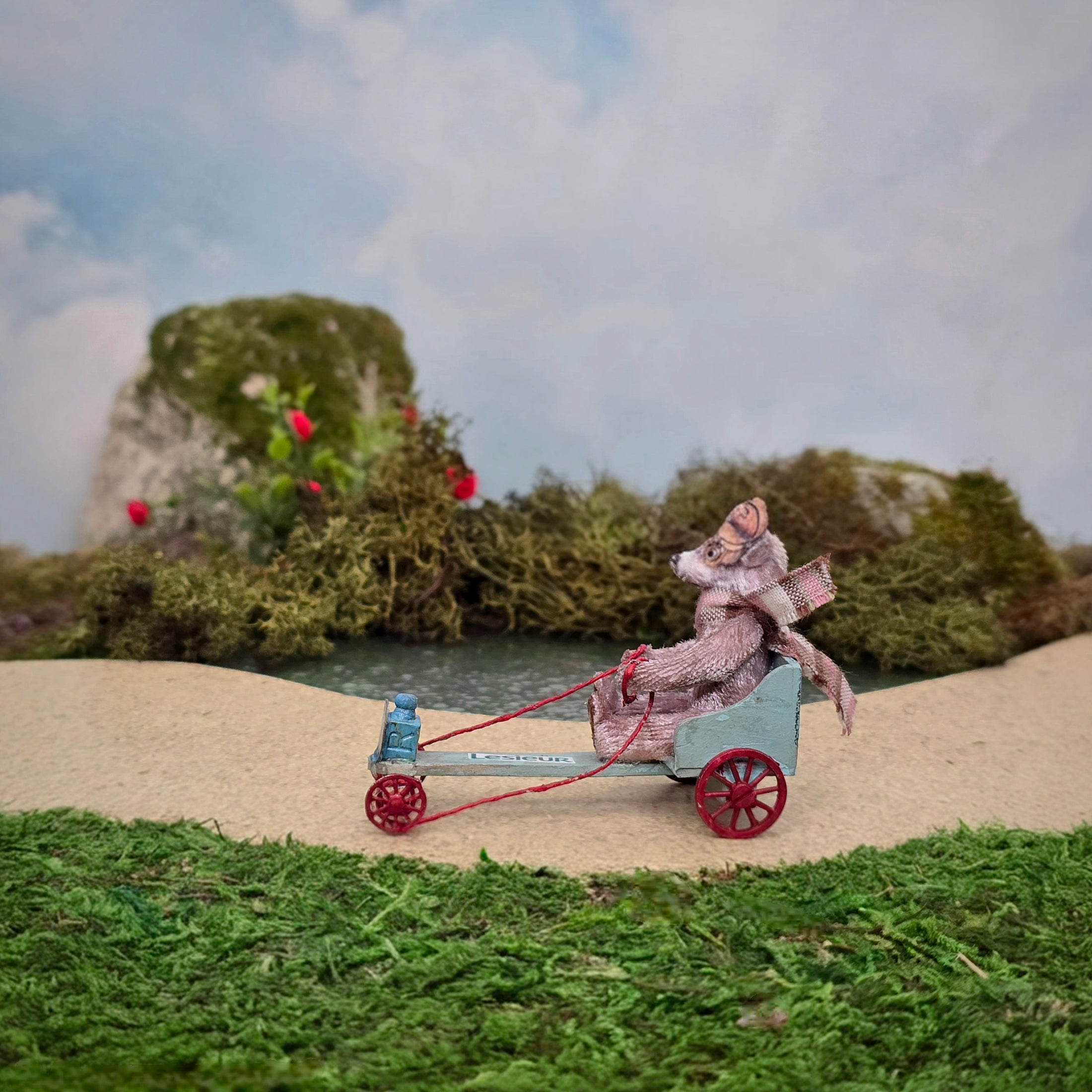 Le Coffre d’Emilie Mohair Bear Blue & Red Go-Kart Racer
