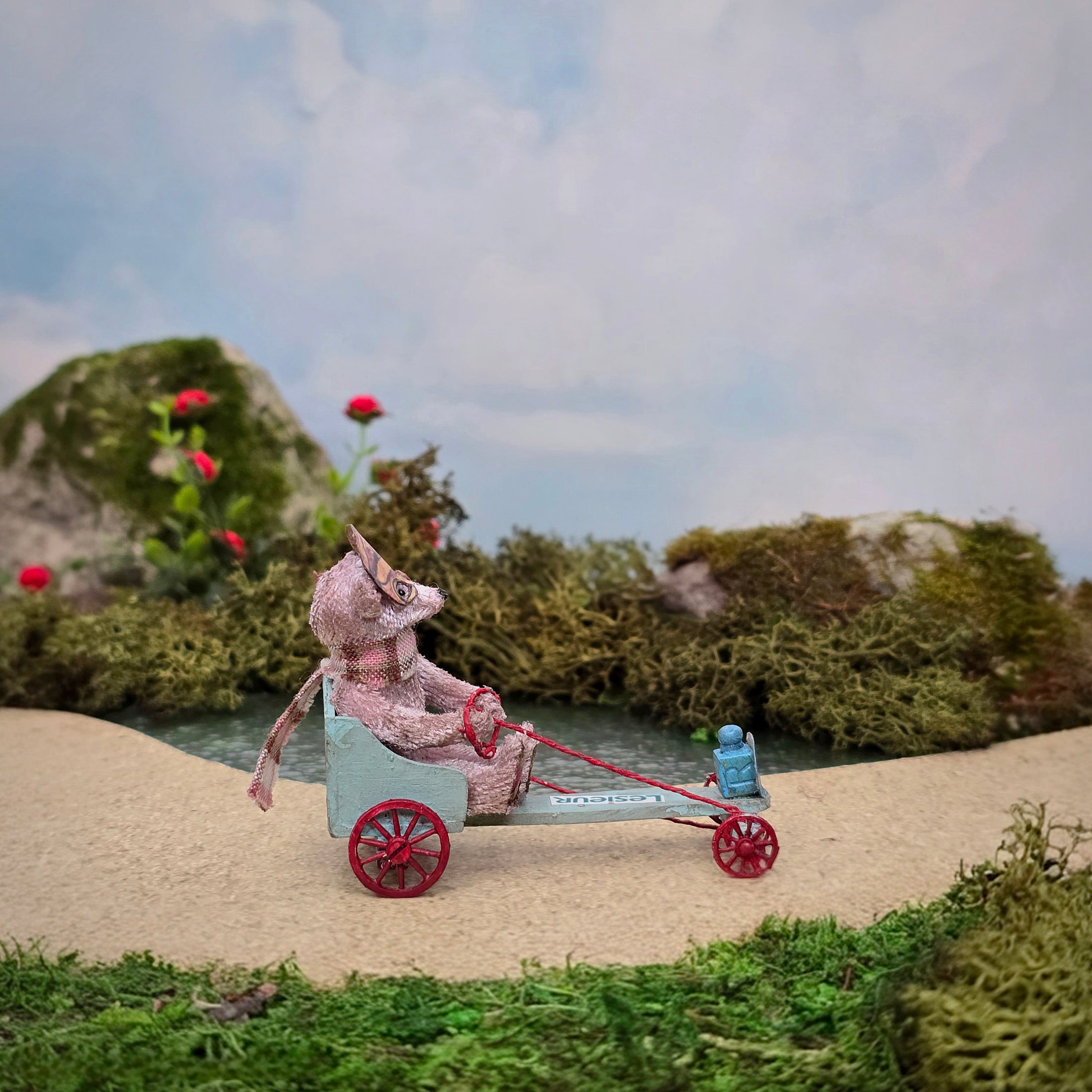 Le Coffre d’Emilie Mohair Bear Blue & Red Go-Kart Racer