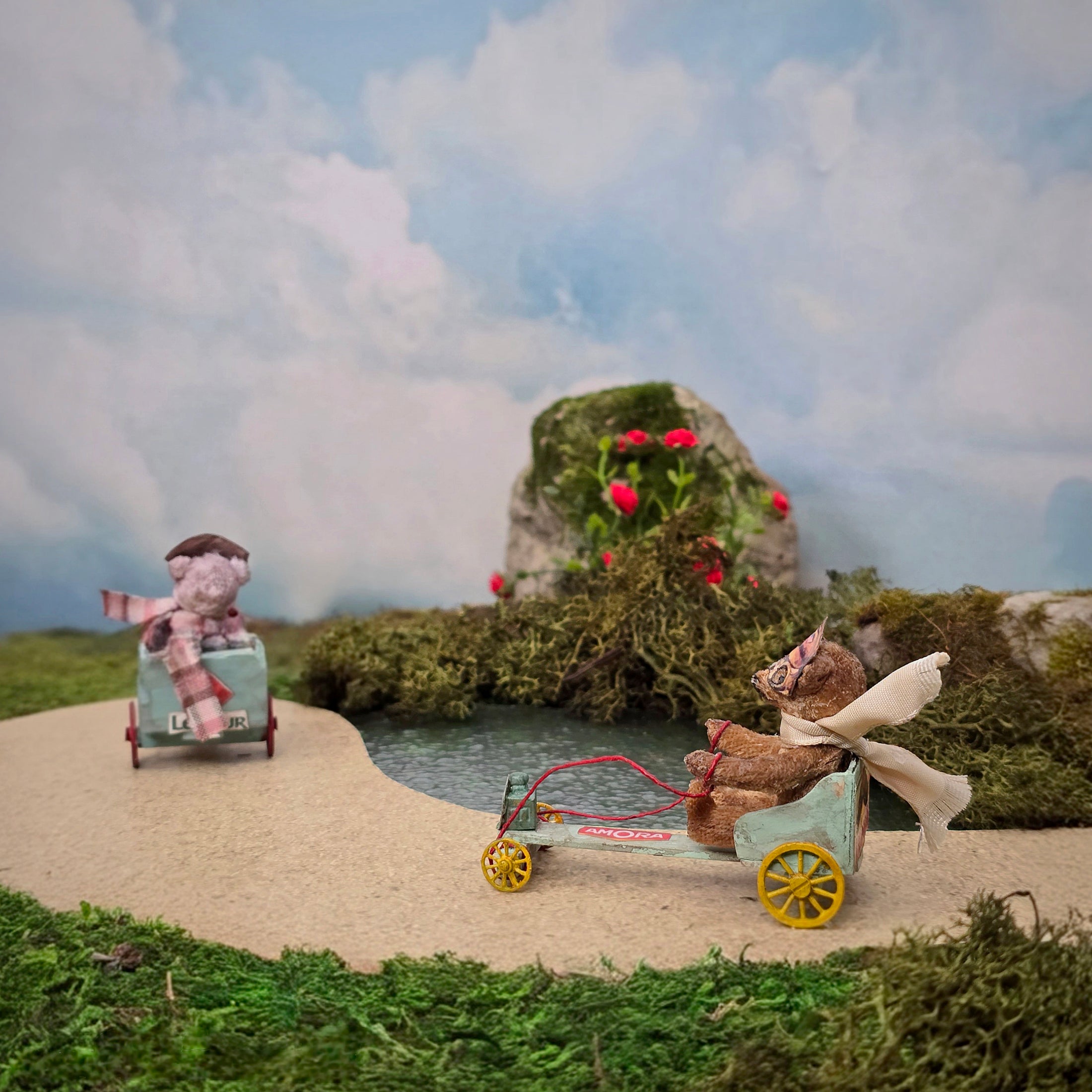 Le Coffre d’Emilie Mohair Teddy Bear Mint Go-Kart Racer with Yellow Wheels