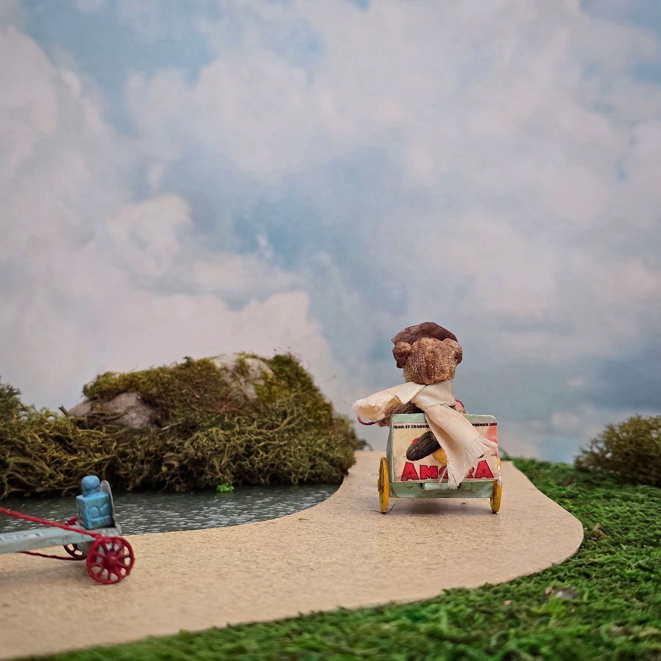 Le Coffre d’Emilie Mohair Teddy Bear Mint Go-Kart Racer with Yellow Wheels