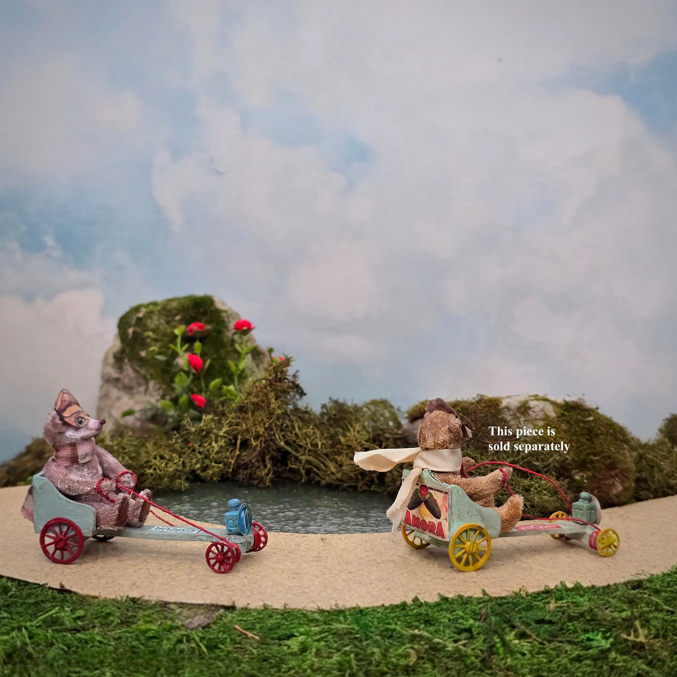 Le Coffre d’Emilie Mohair Bear Blue & Red Go-Kart Racer