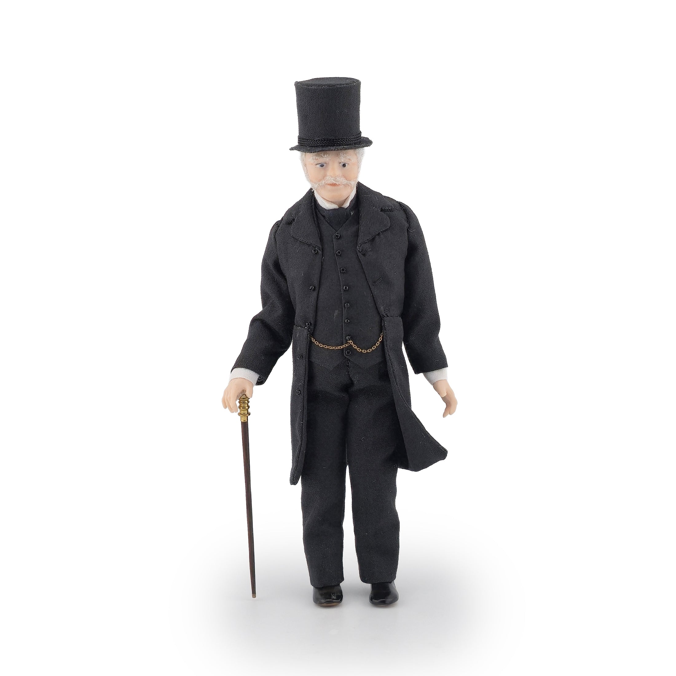 Vintage Porcelain Gentleman in Black Suit & Top Hat with Cane 1:12 Dollhouse Doll
