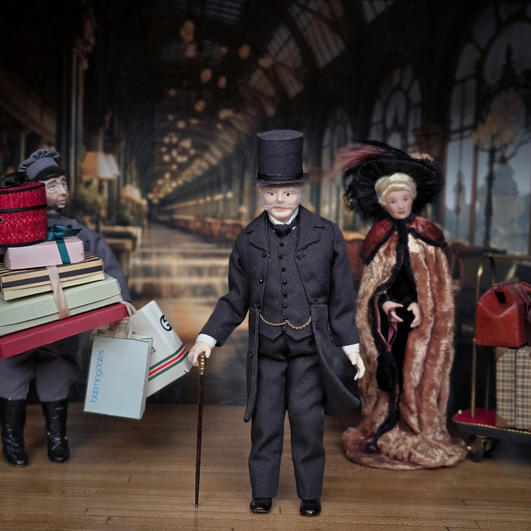 Vintage Porcelain Gentleman in Black Suit & Top Hat with Cane 1:12 Dollhouse Doll