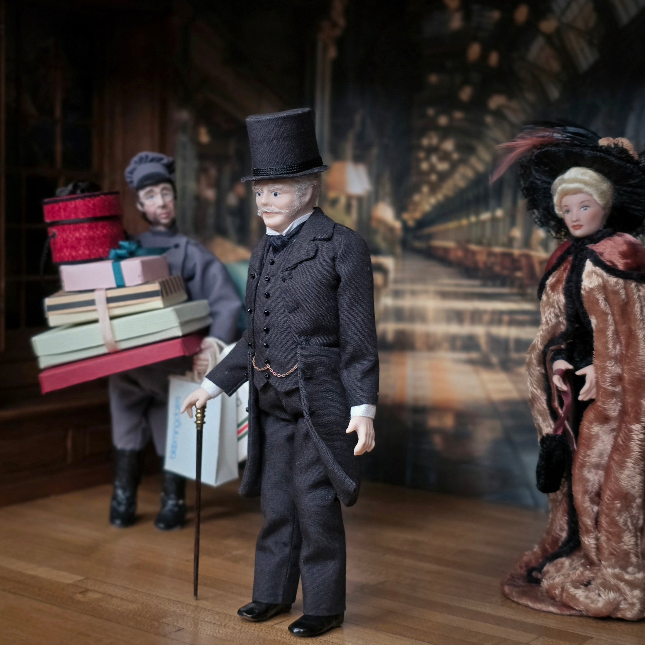 Vintage Porcelain Gentleman in Black Suit & Top Hat with Cane 1:12 Dollhouse Doll