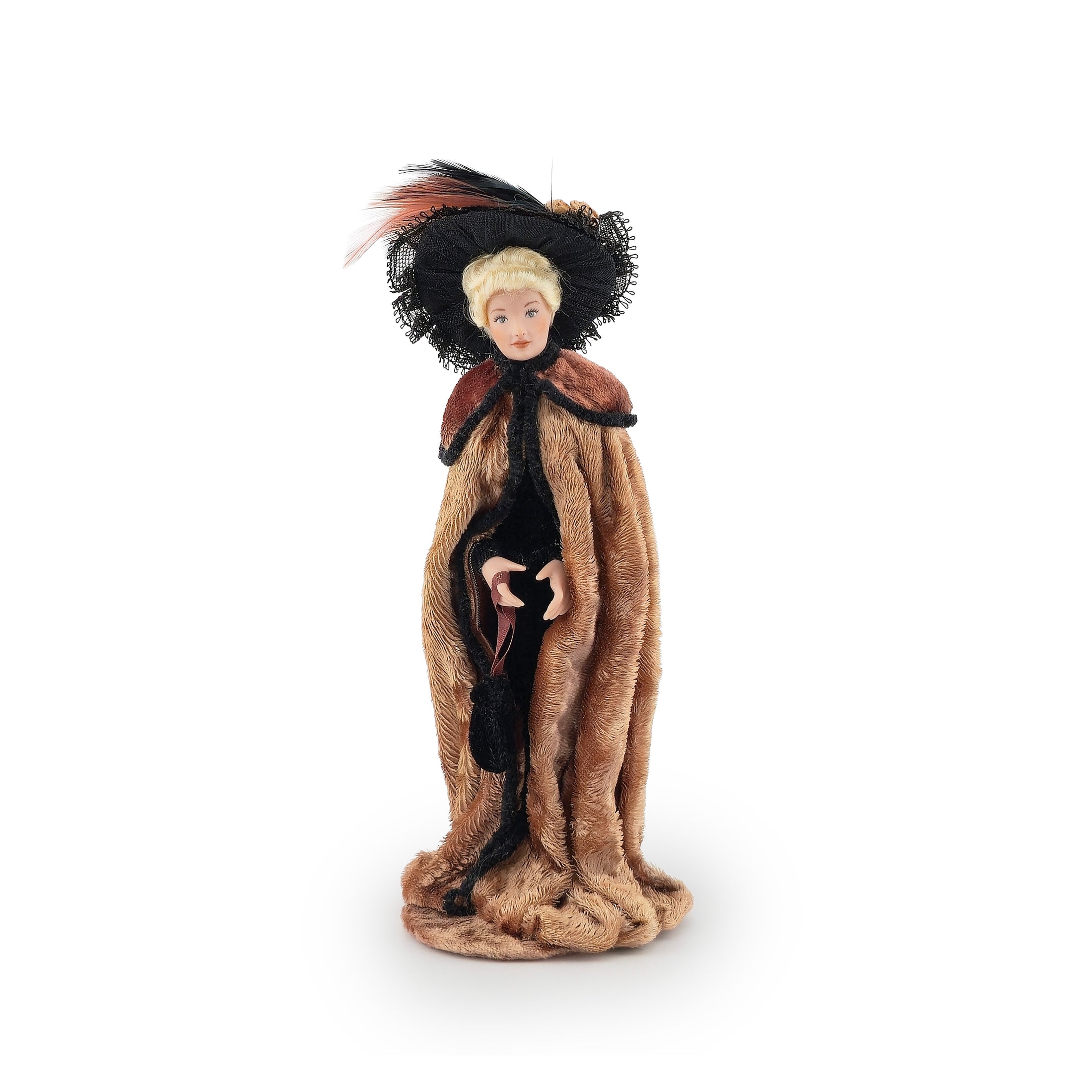 Porcelain Lady in Mohair Velvet Cape & Feathered Hat Dollhouse Doll