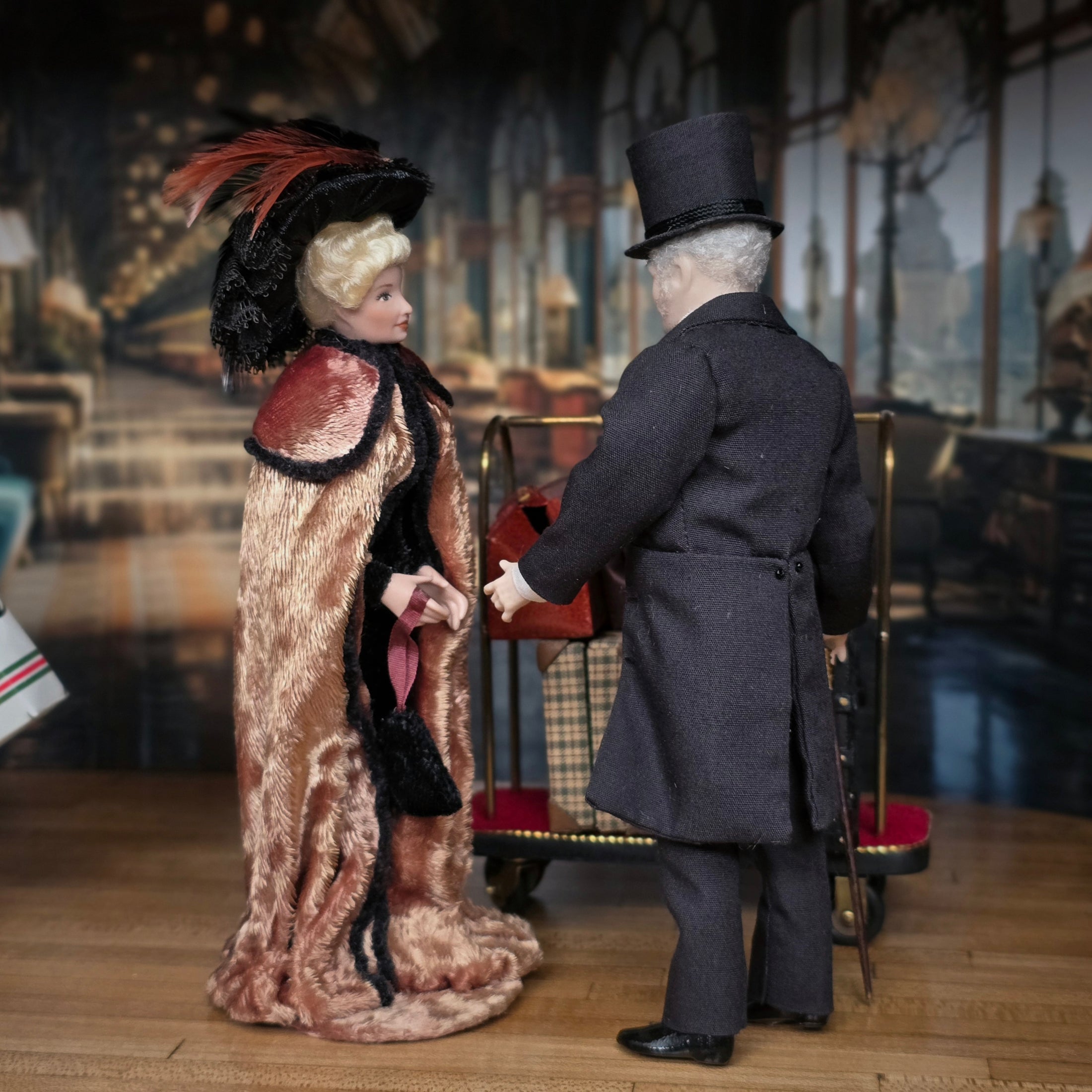 Porcelain Lady in Mohair Velvet Cape & Feathered Hat Dollhouse Doll