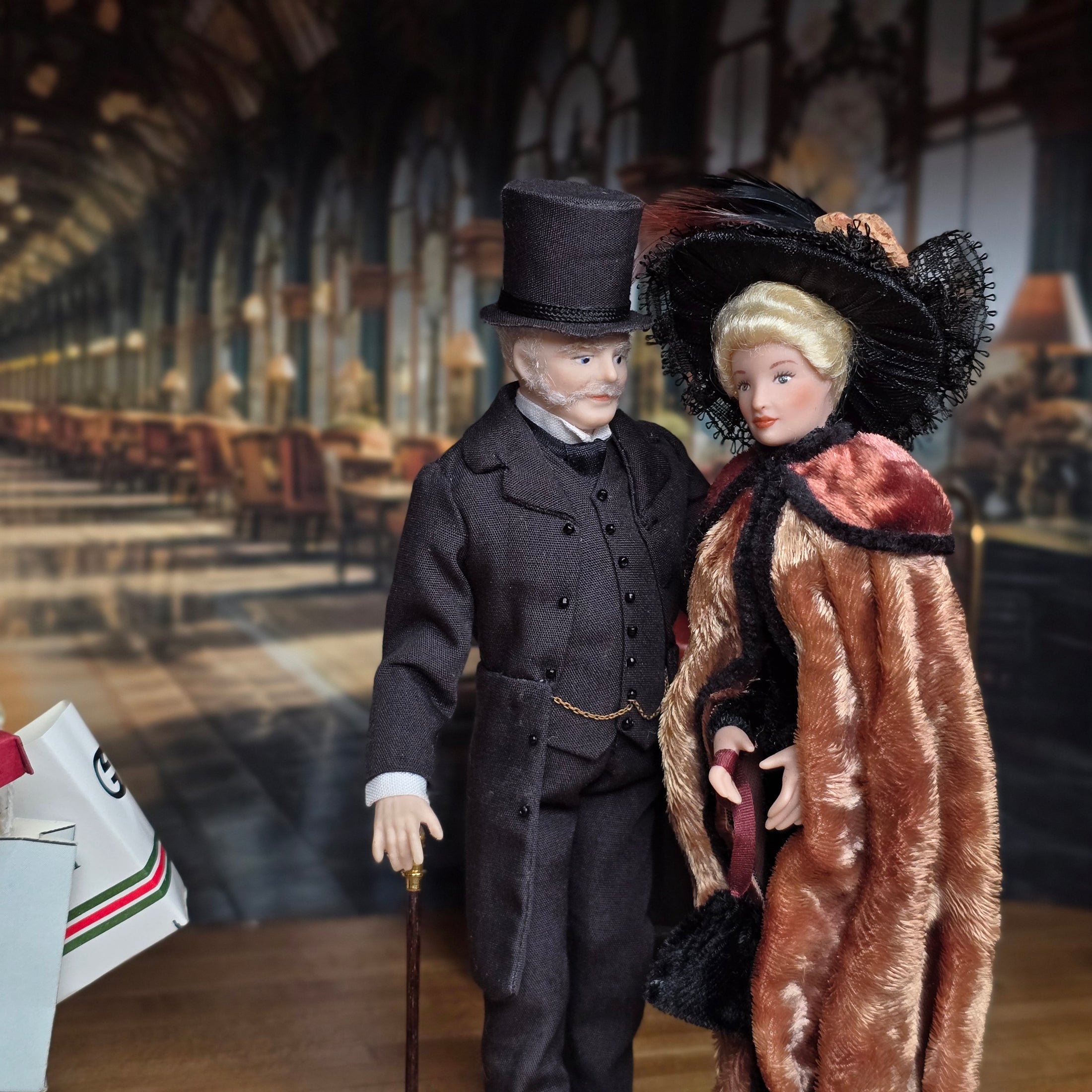 Porcelain Lady in Mohair Velvet Cape & Feathered Hat Dollhouse Doll