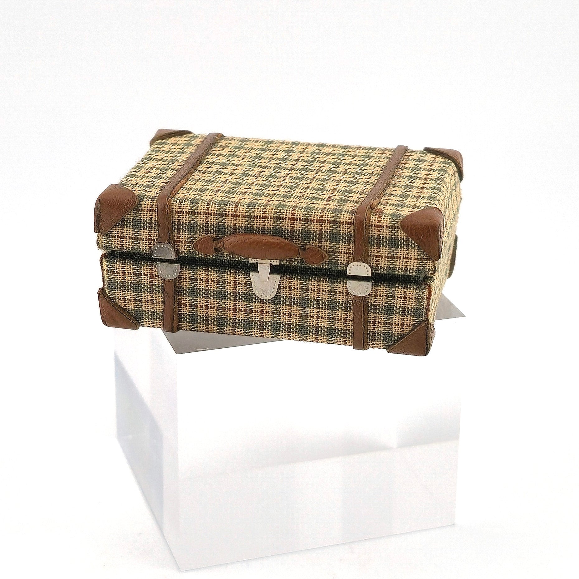 Functional Plaid Wool & Leather Suitcase with “Hotel Property” Towel