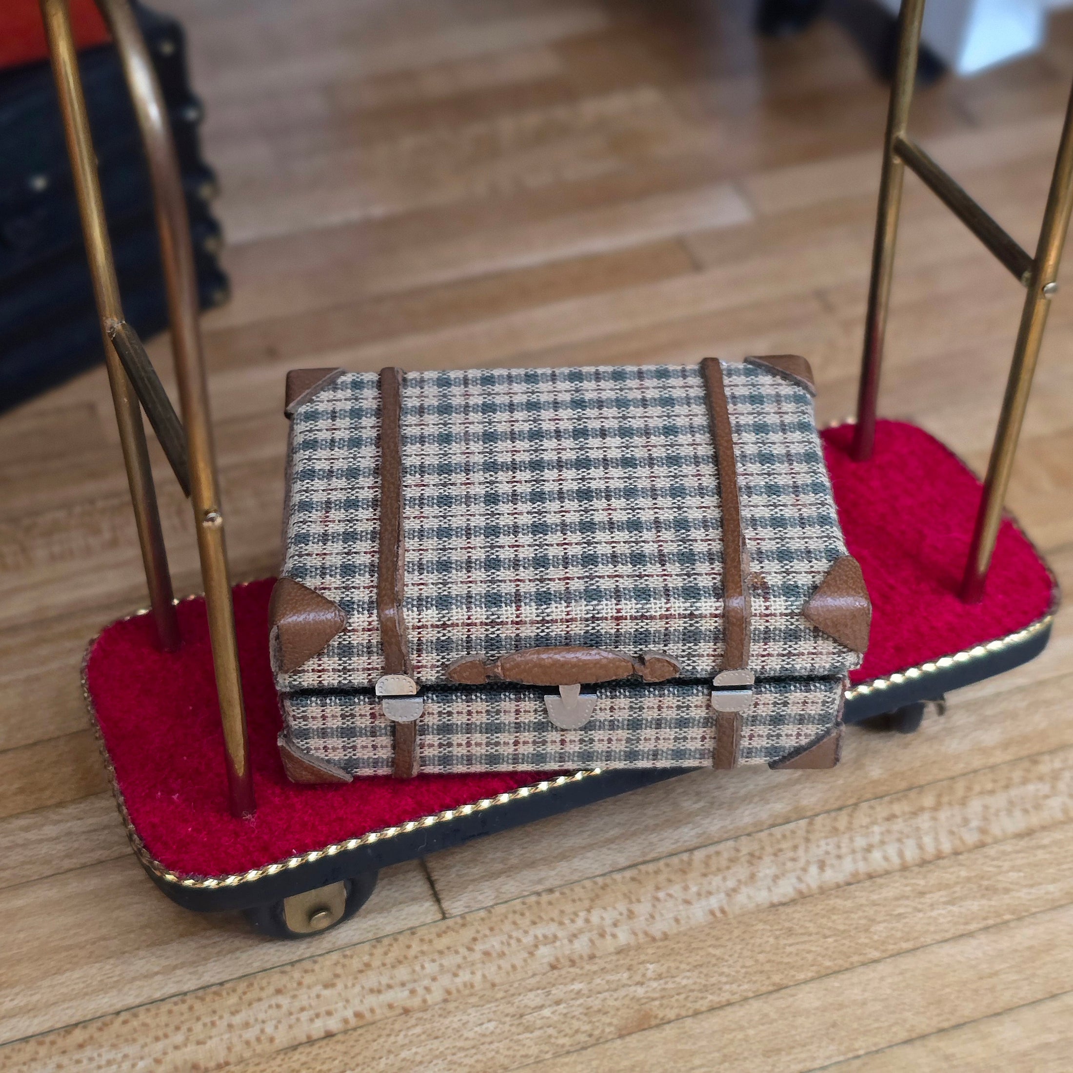 Functional Plaid Wool & Leather Suitcase with “Hotel Property” Towel
