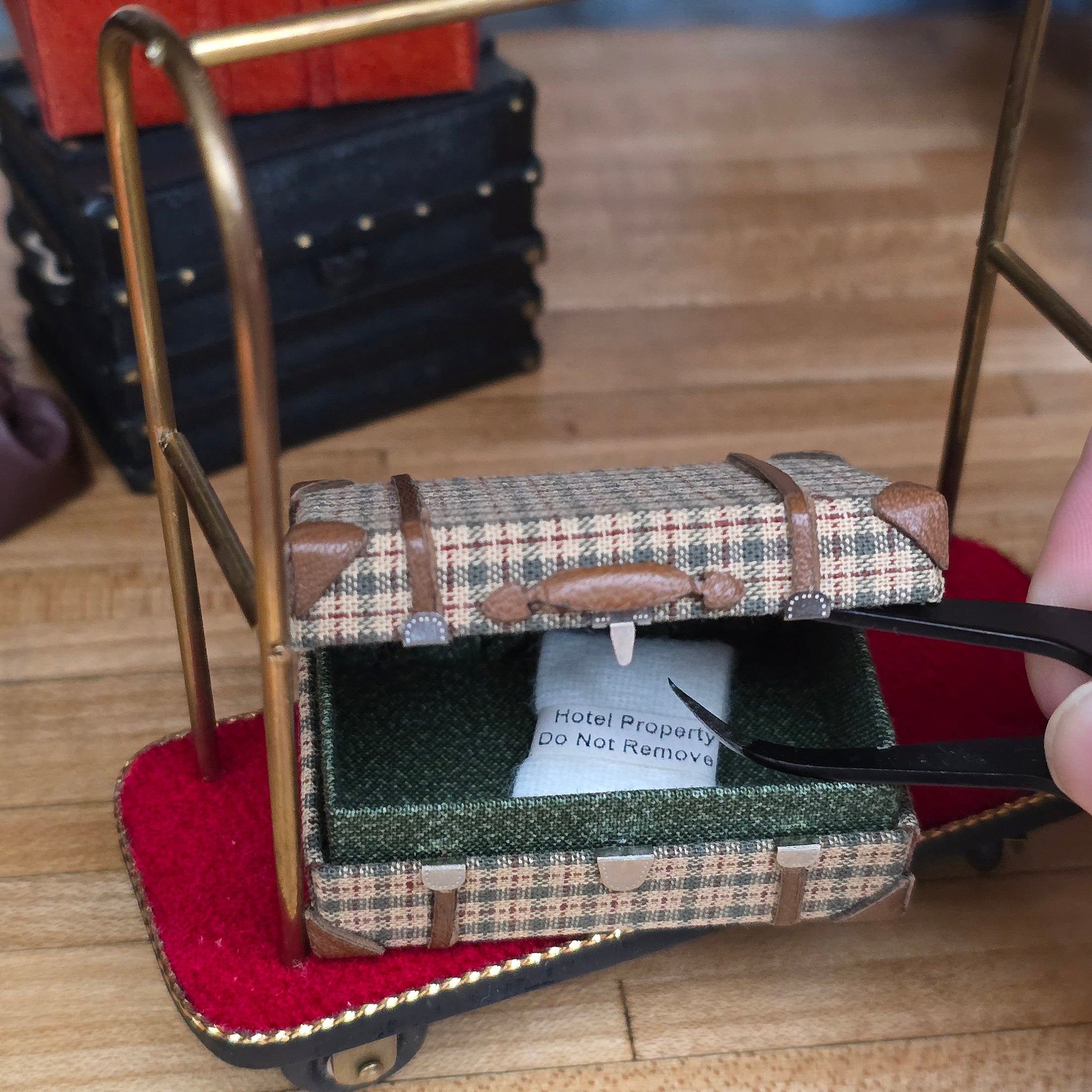 Functional Plaid Wool & Leather Suitcase with “Hotel Property” Towel