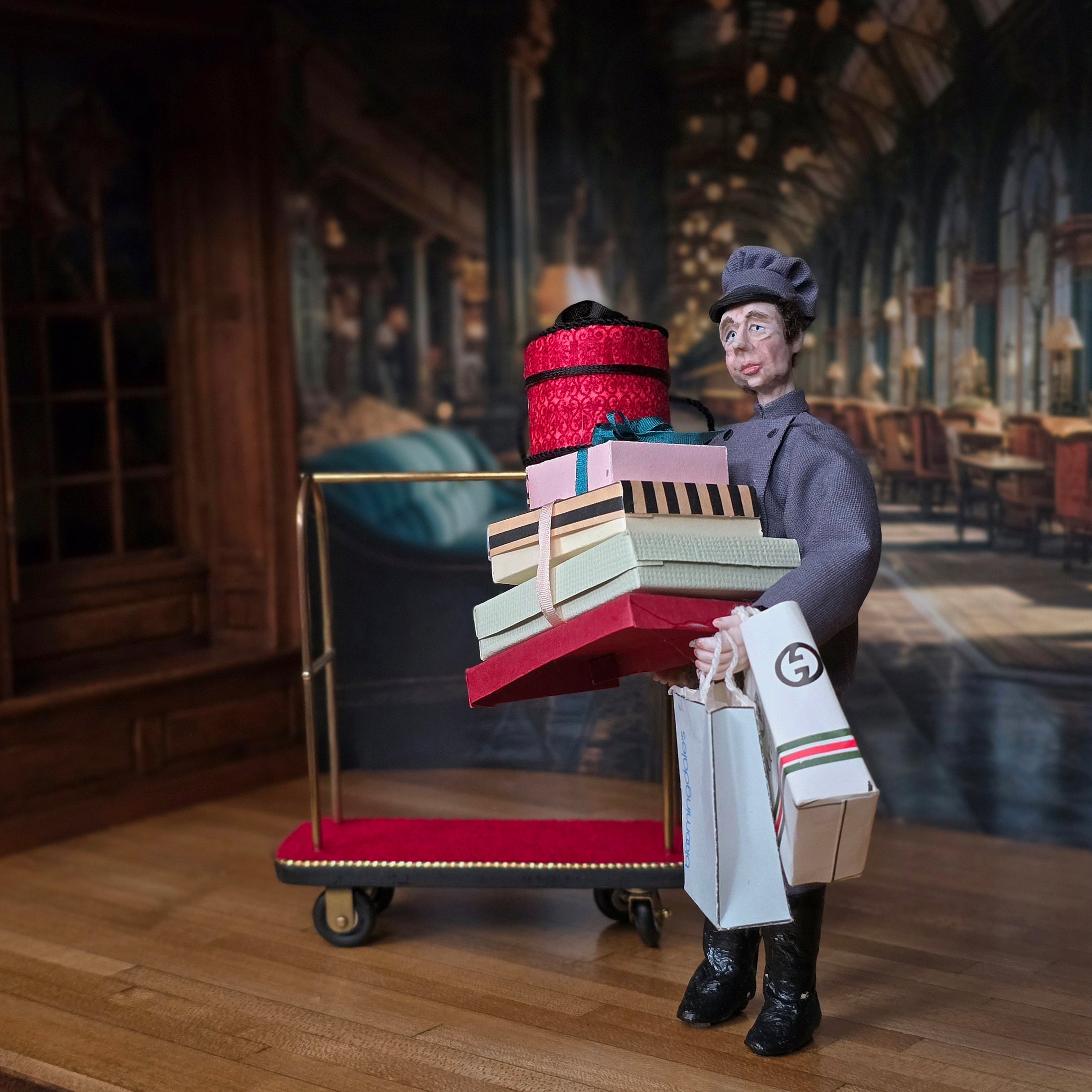 Artisan Bellman Doll with Valet Cart & Parcels Miniature 1:12 Scale