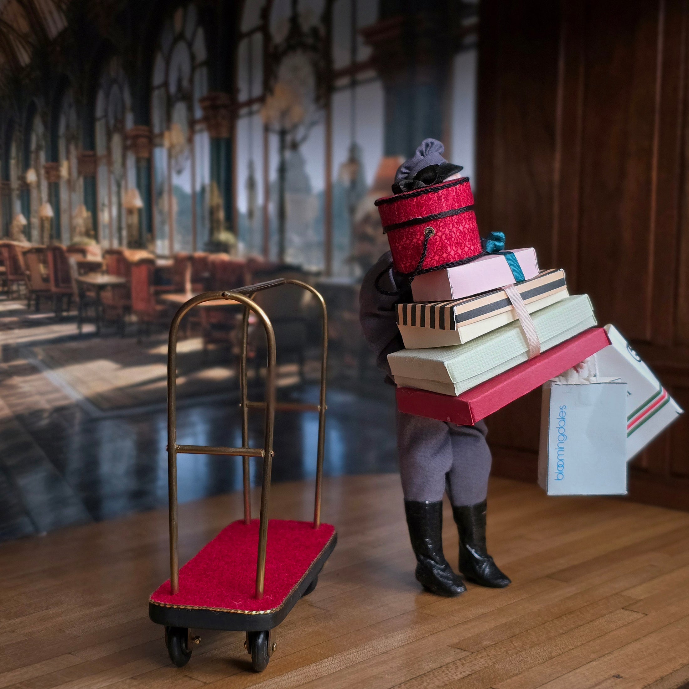Artisan Bellman Doll with Valet Cart & Parcels Miniature 1:12 Scale