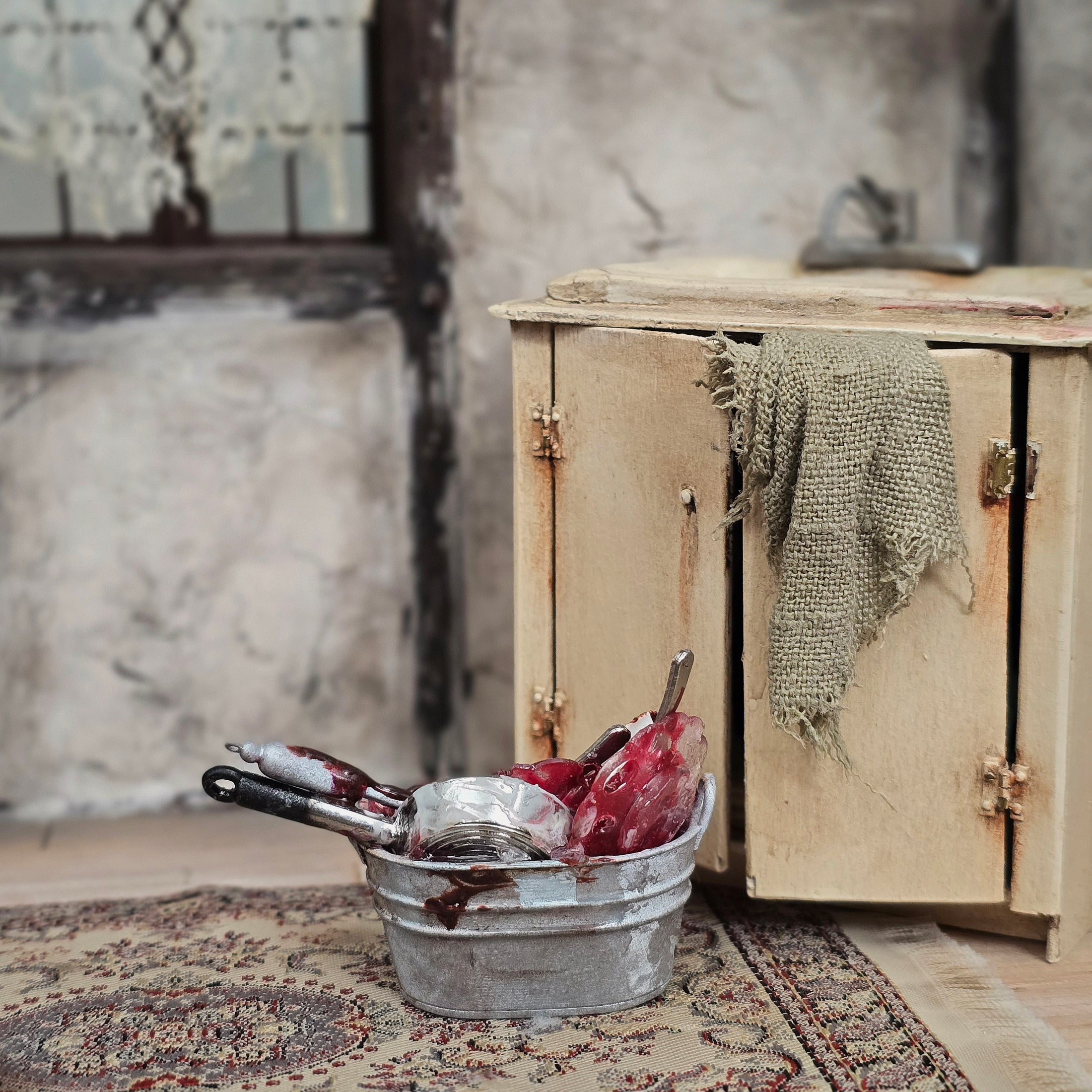Artisan Miniature Wash Basin with Dirty Dishes on Gingham Cloth in 1:12 Scale