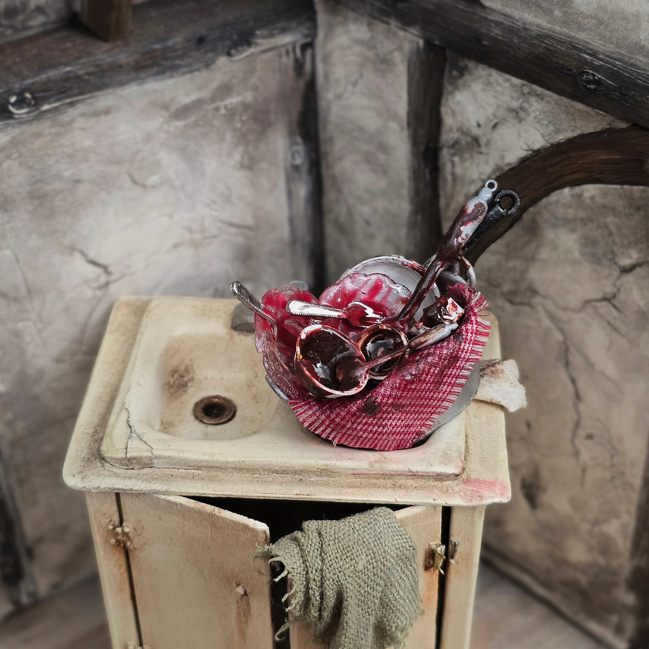 Artisan Miniature Wash Basin with Dirty Dishes on Gingham Cloth in 1:12 Scale