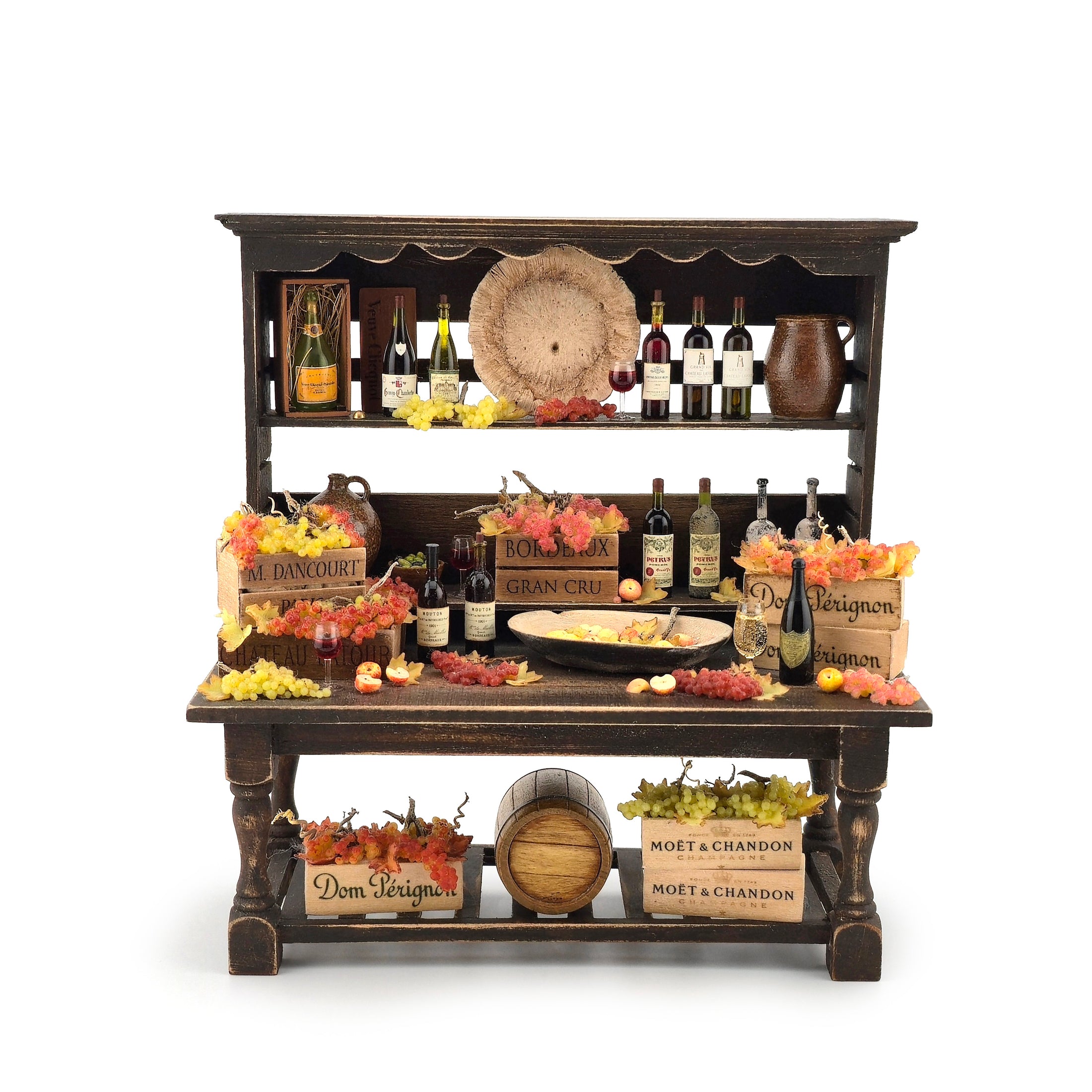 Artisan Miniature Autumn Wine Hutch Display with Grapes, Crates & French Labels