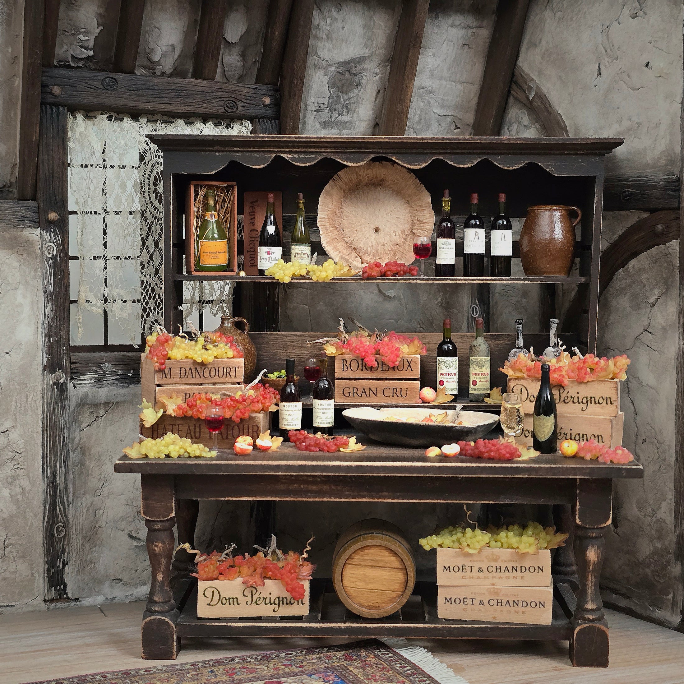 Artisan Miniature Autumn Wine Hutch Display with Grapes, Crates & French Labels
