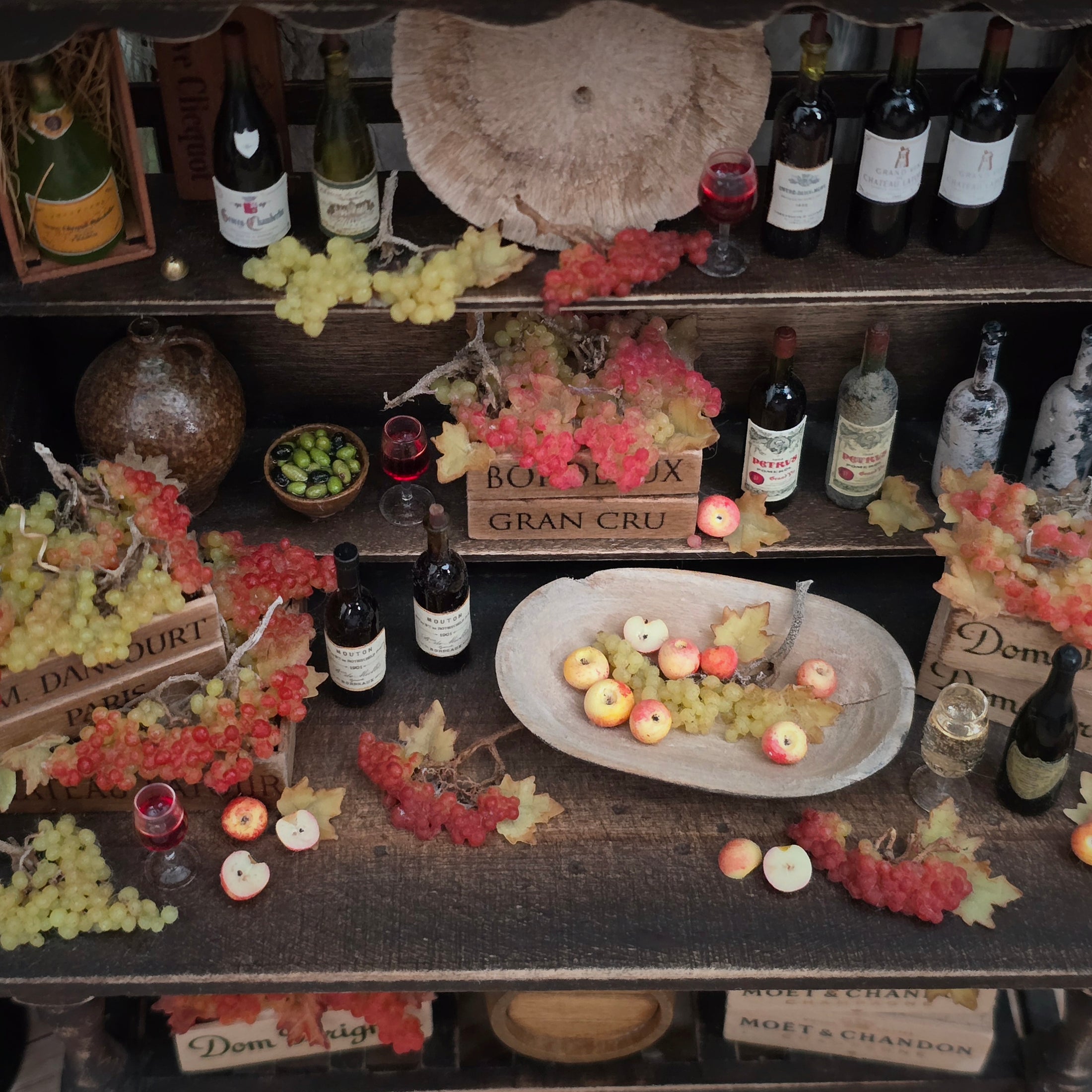 Artisan Miniature Autumn Wine Hutch Display with Grapes, Crates & French Labels
