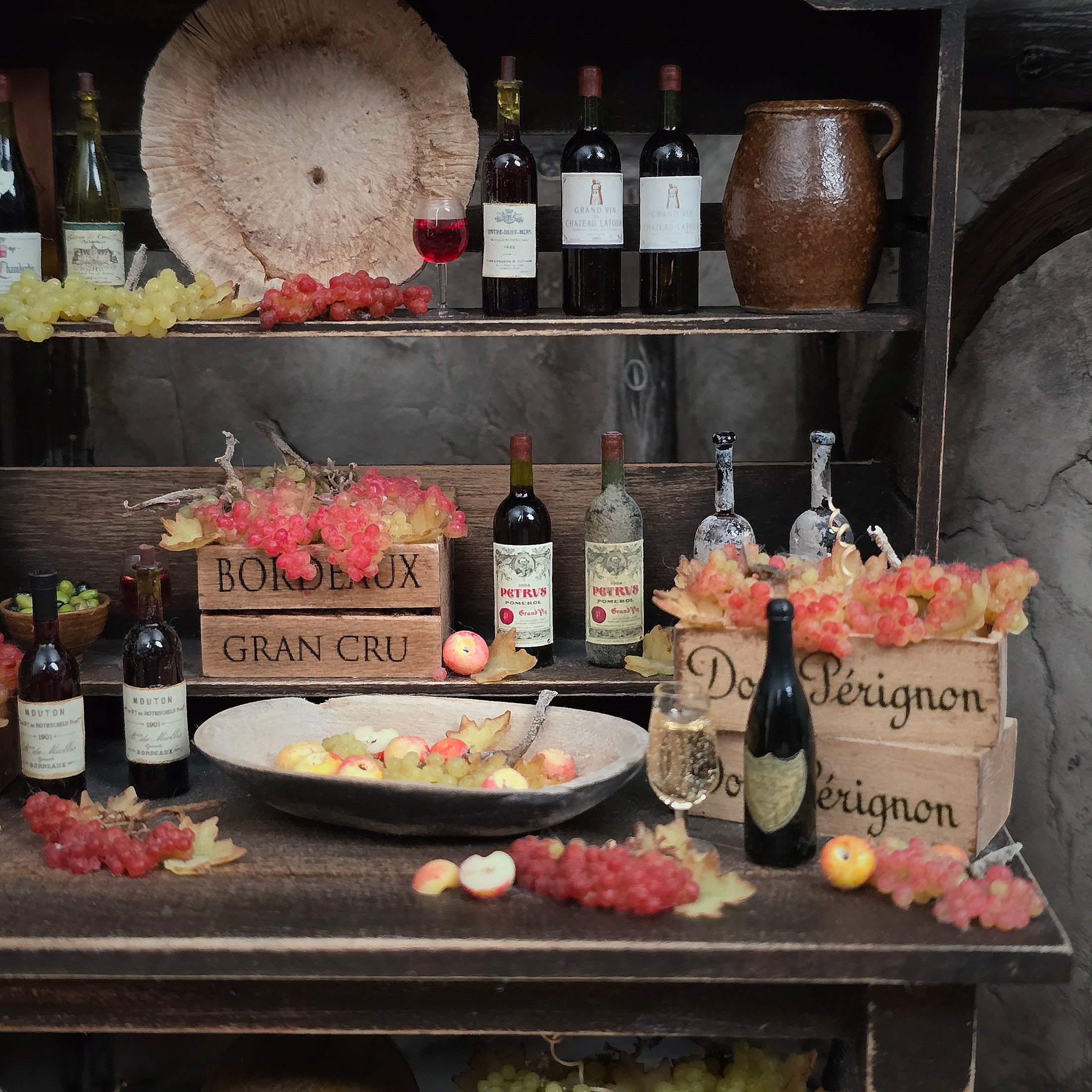 Artisan Miniature Autumn Wine Hutch Display with Grapes, Crates & French Labels