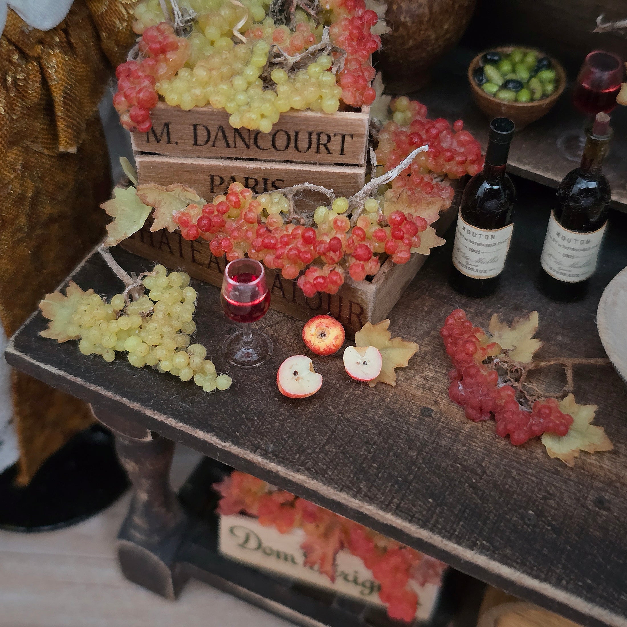Artisan Miniature Autumn Wine Hutch Display with Grapes, Crates & French Labels