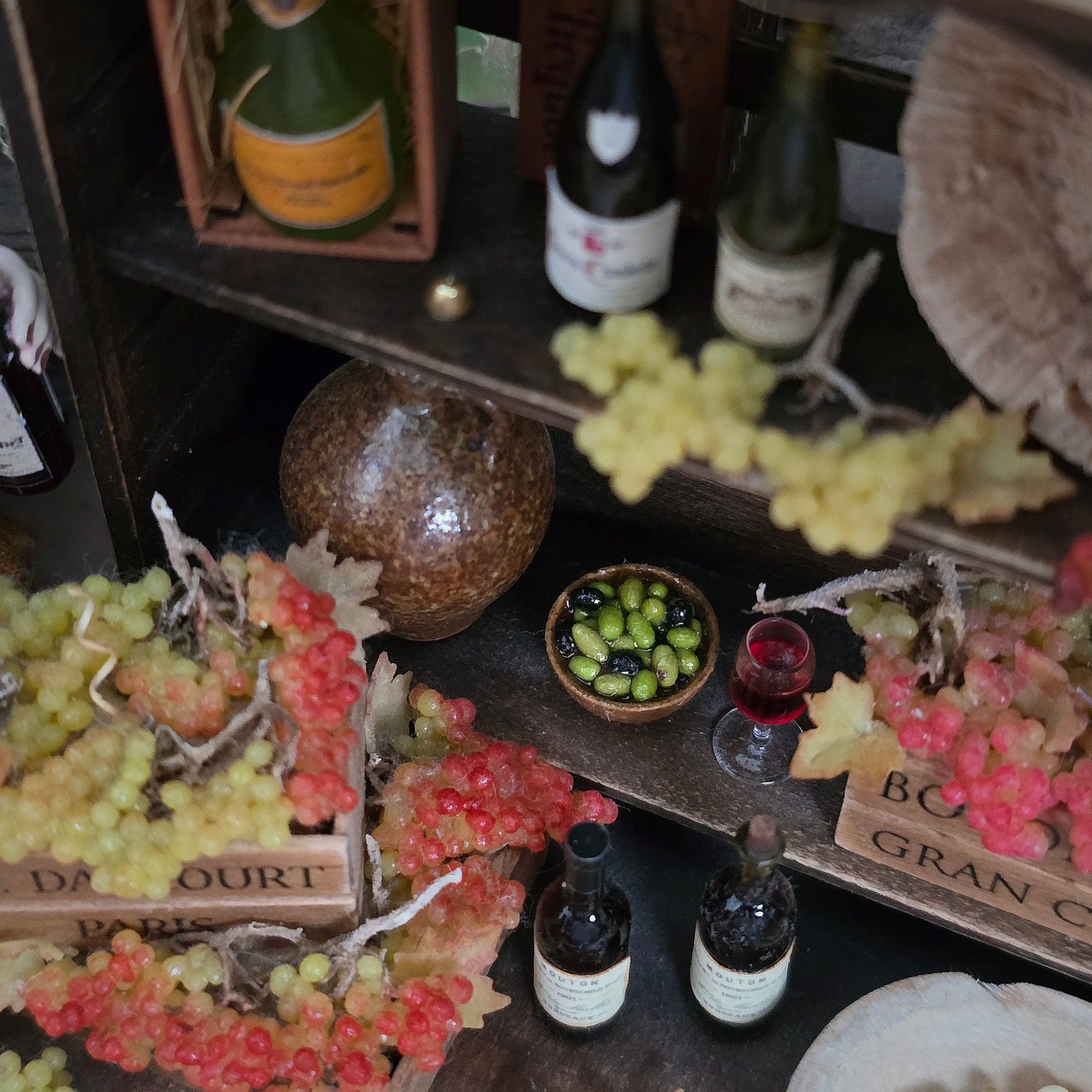 Artisan Miniature Autumn Wine Hutch Display with Grapes, Crates & French Labels
