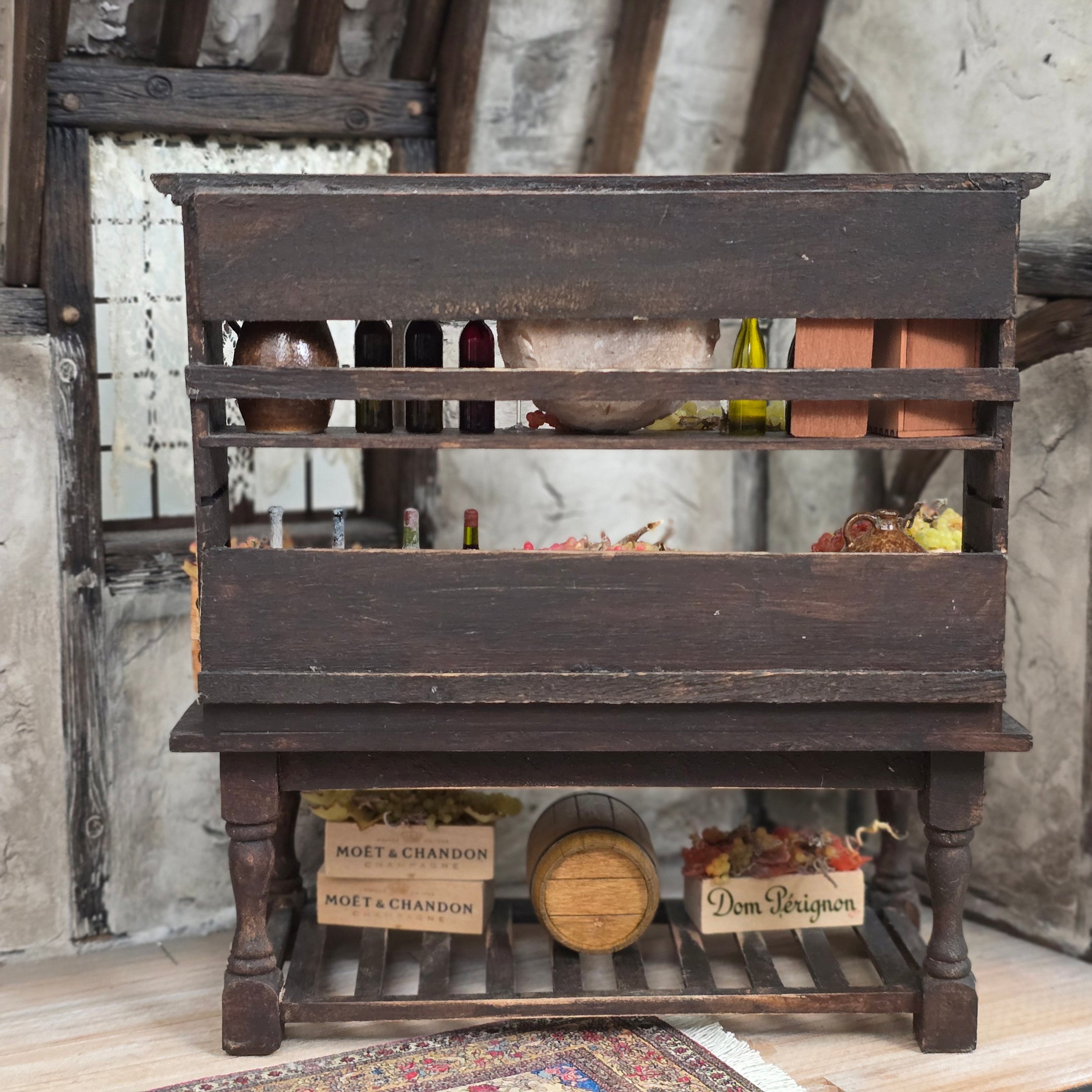 Artisan Miniature Autumn Wine Hutch Display with Grapes, Crates & French Labels