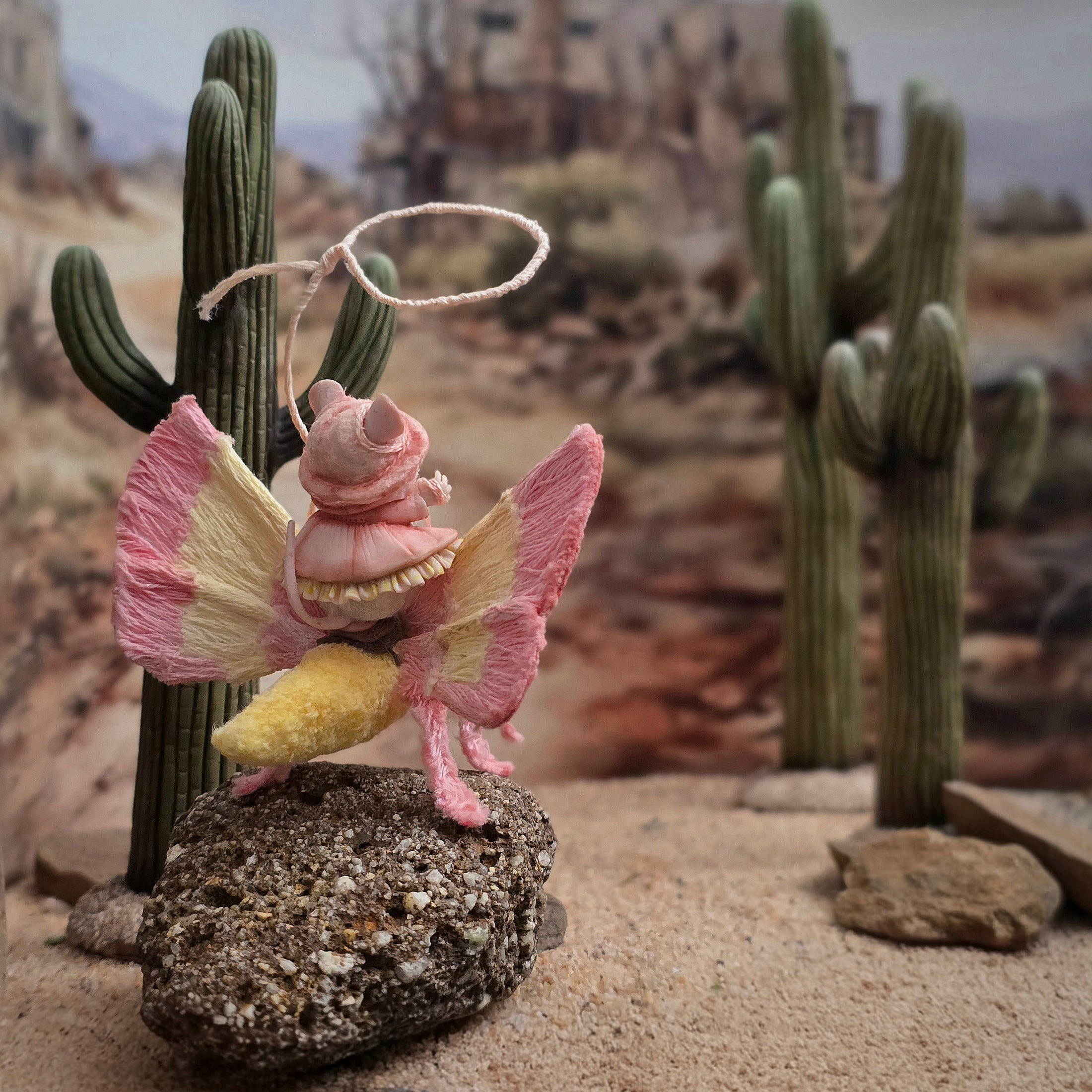 Aleah Klay Mouse Girl Riding Rosy Maple Moth Fantasy Sculpture with Lasso