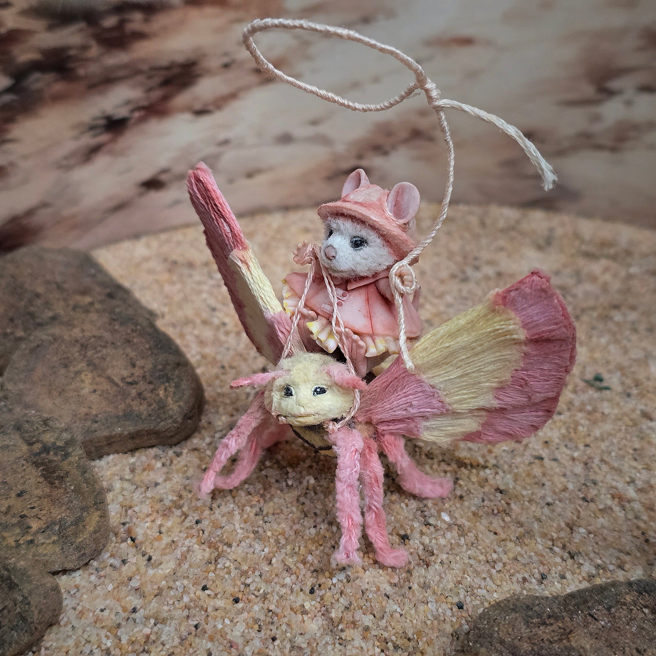 Aleah Klay Mouse Girl Riding Rosy Maple Moth Fantasy Sculpture with Lasso