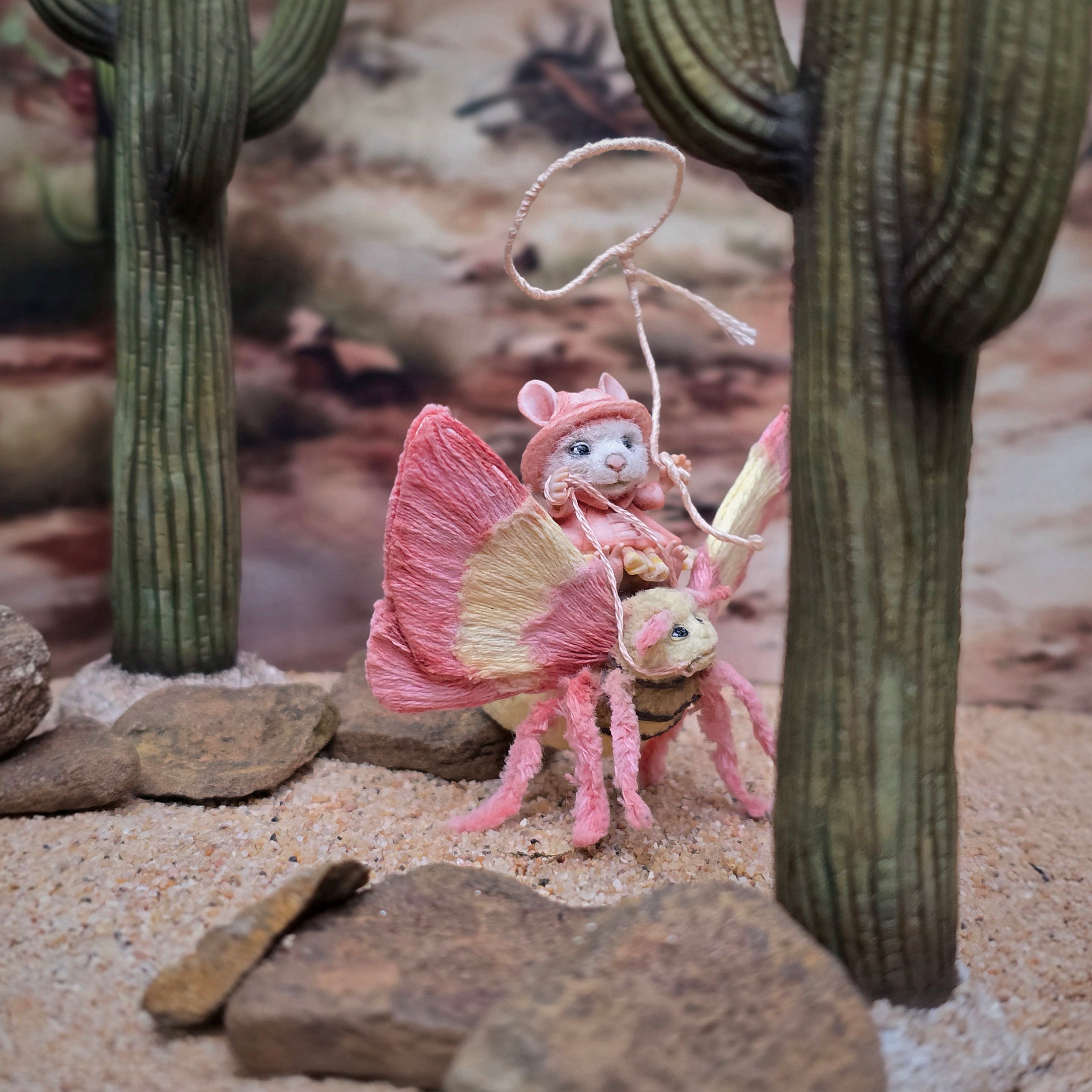 Aleah Klay Mouse Girl Riding Rosy Maple Moth Fantasy Sculpture with Lasso