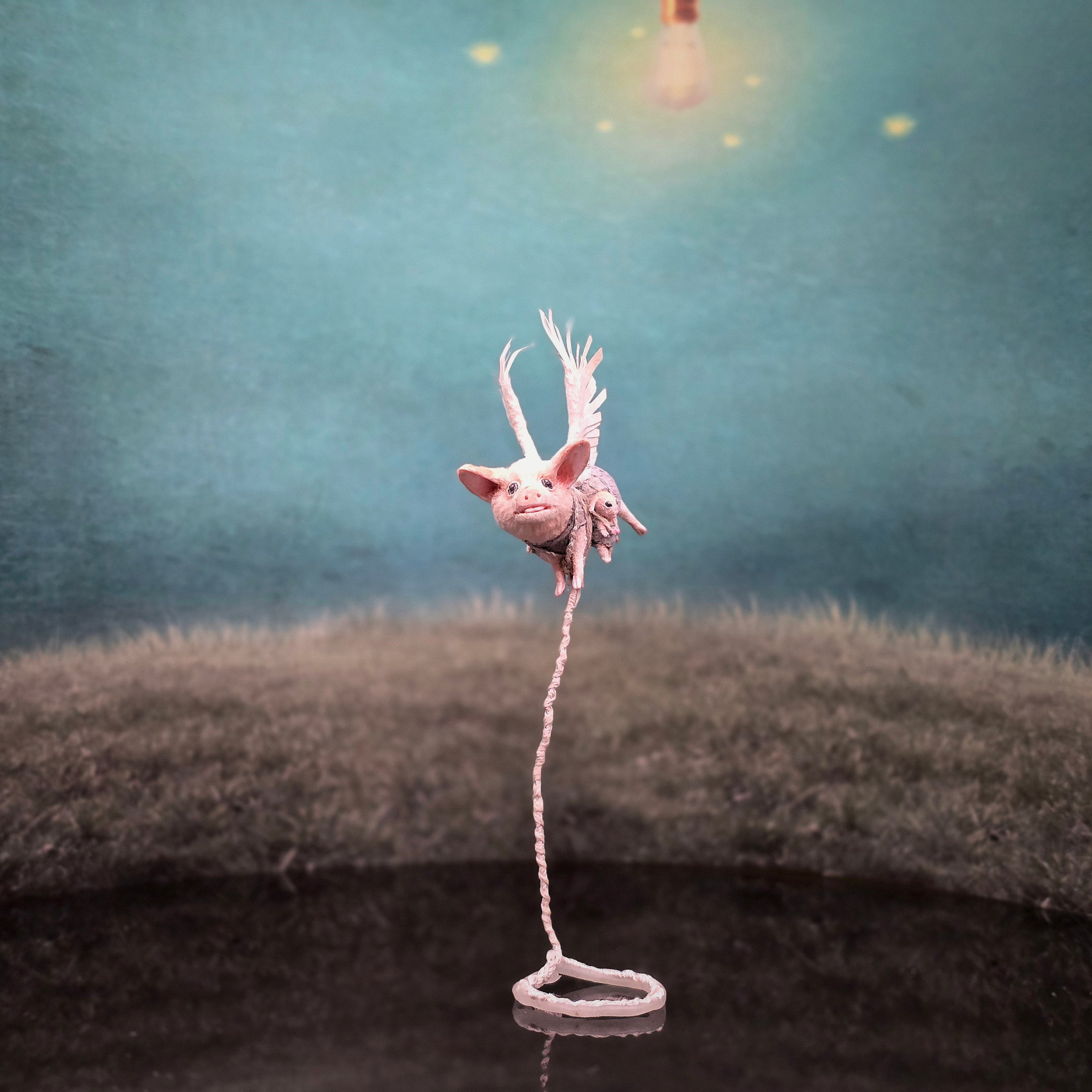 Aleah Klay OOAK “When Pigs Fly” Mother Pig with Twin Piglets Fantasy Sculpture