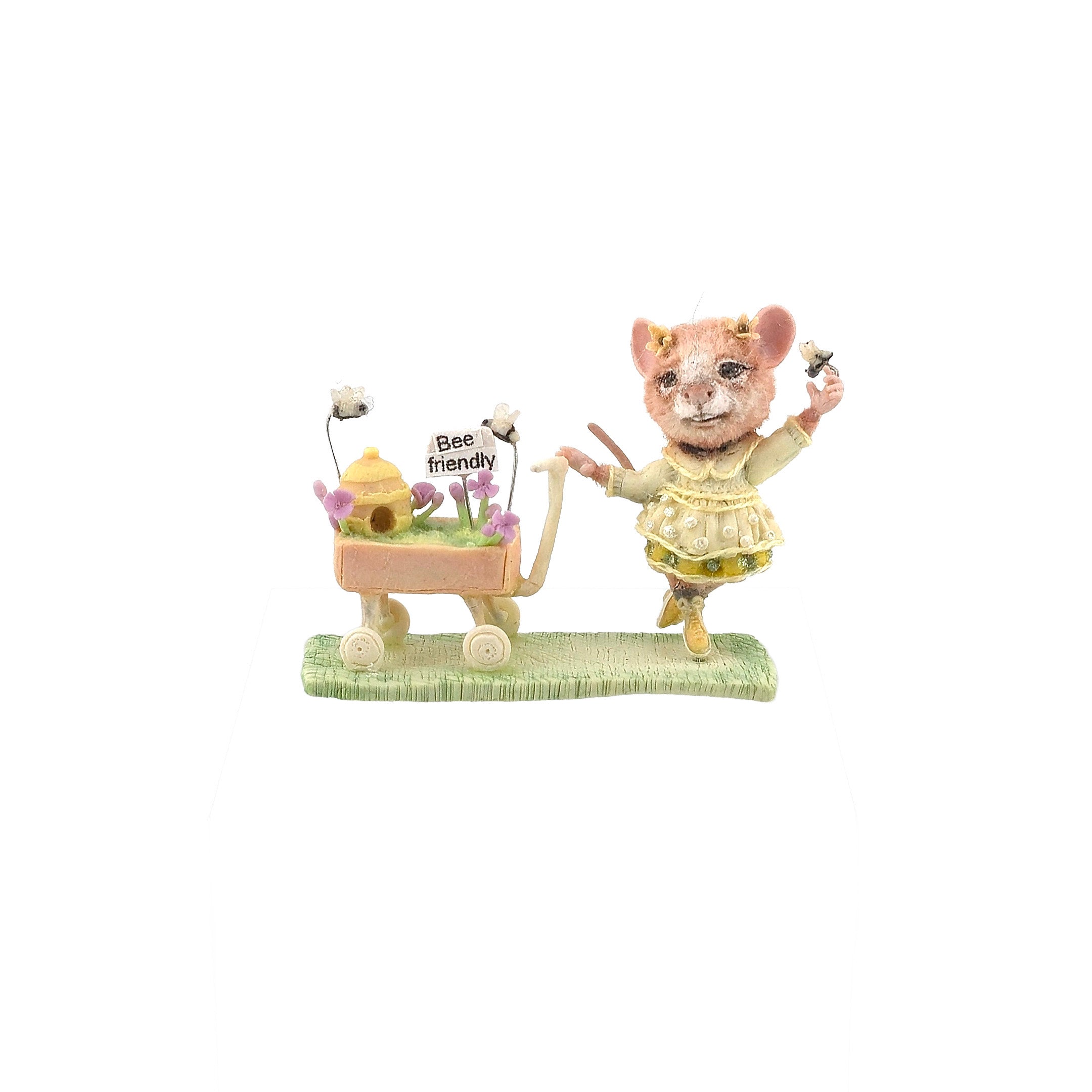 Aleah Klay OOAK Bee Friendly Gardener Mouse with Beehive Flower Cart