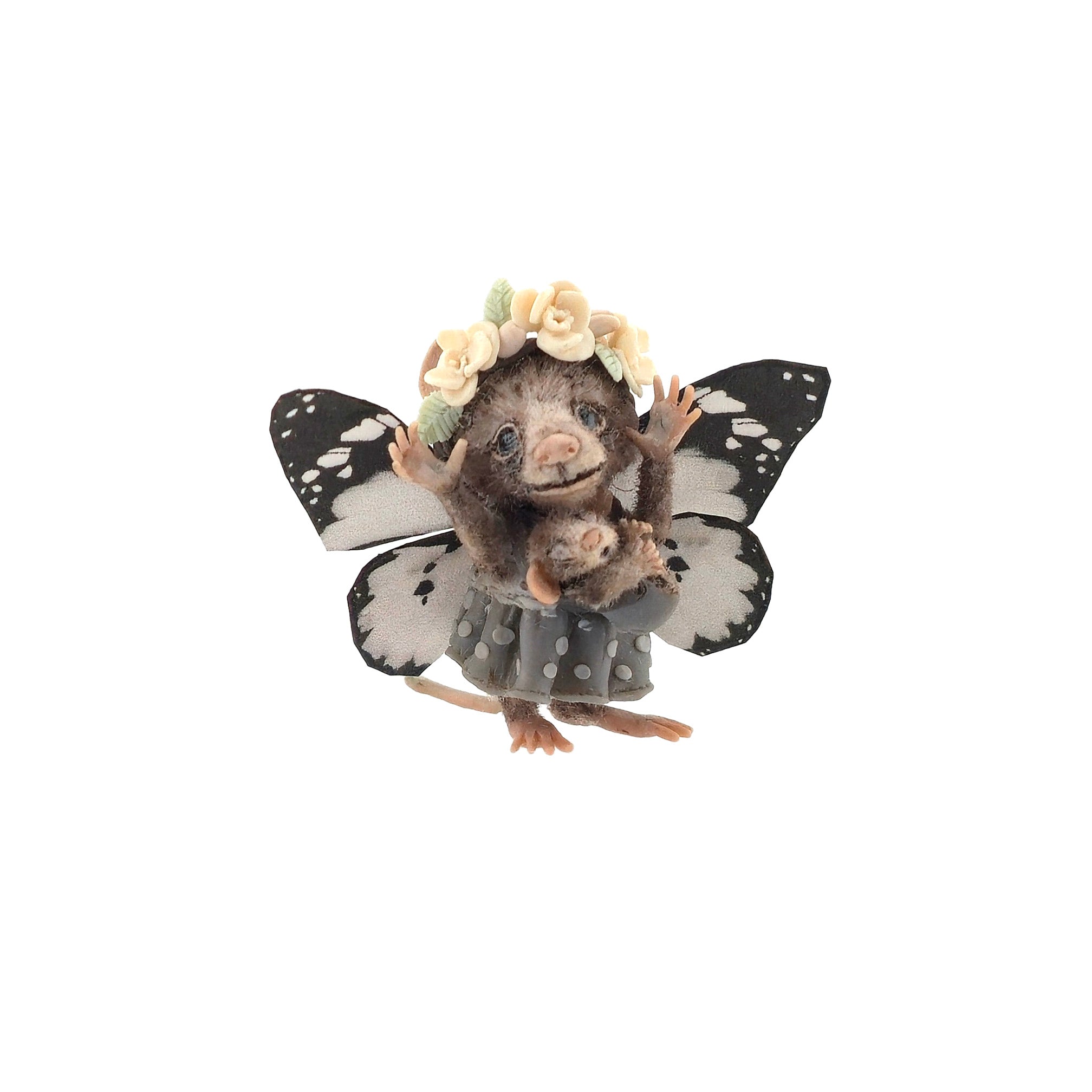 Aleah Klay OOAK Fairy Mouse Mother with Baby, Butterfly Wings & Flower Crown