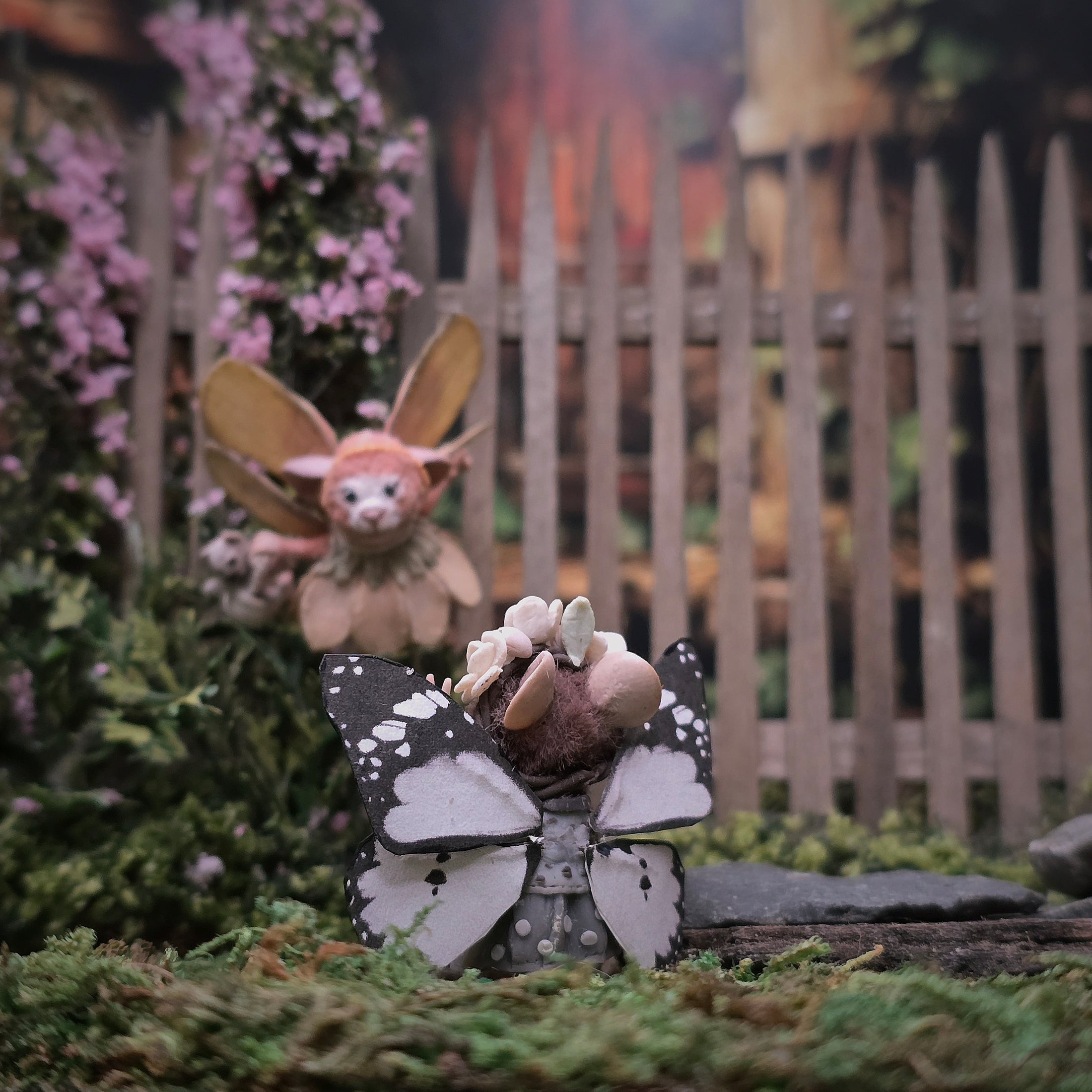 Aleah Klay OOAK Fairy Mouse Mother with Baby, Butterfly Wings & Flower Crown