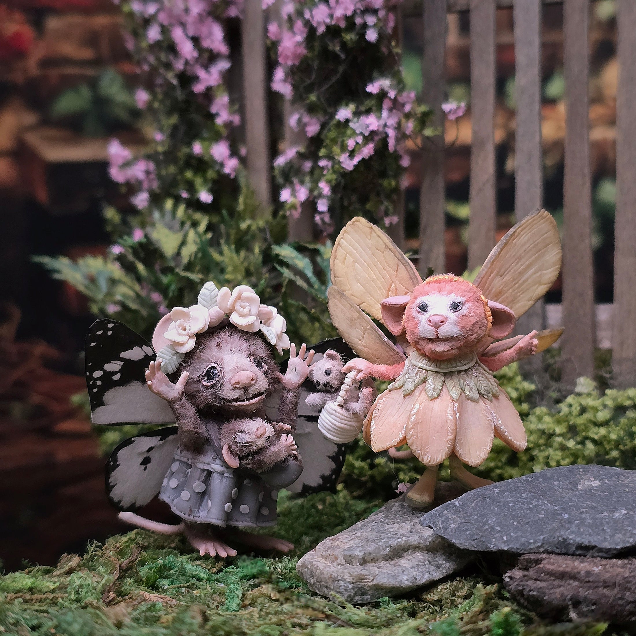 Aleah Klay OOAK Fairy Mouse Mother with Baby, Butterfly Wings & Flower Crown