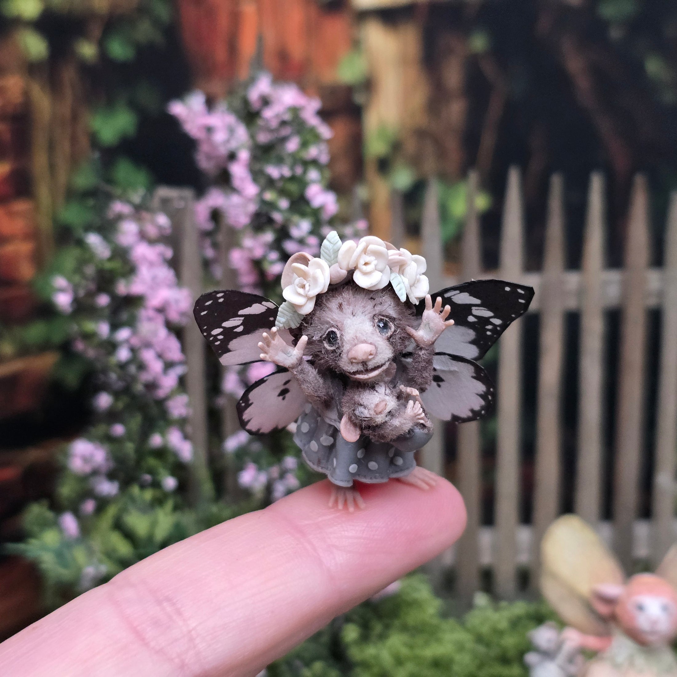 Aleah Klay OOAK Fairy Mouse Mother with Baby, Butterfly Wings & Flower Crown