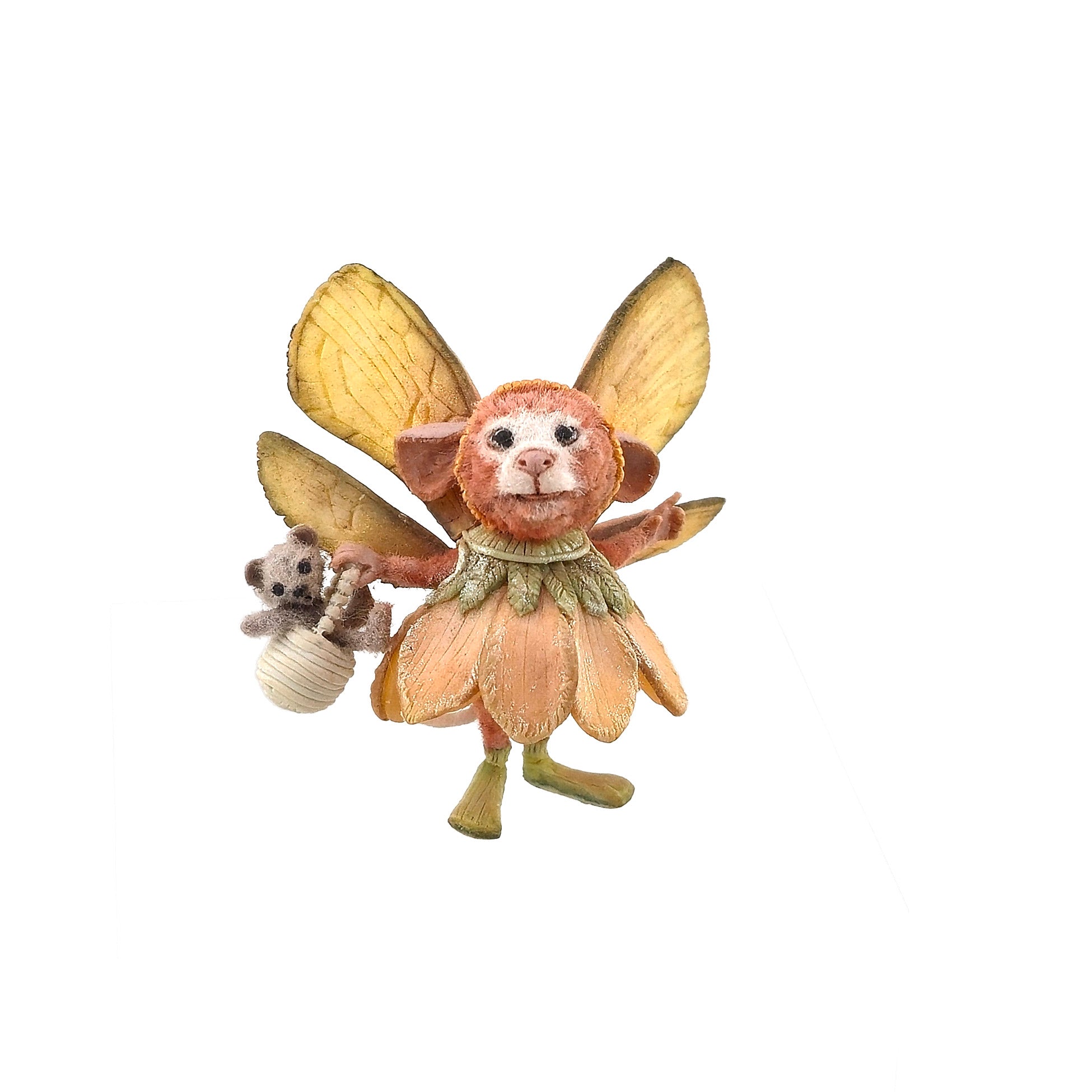 Aleah Klay OOAK Flower Fairy Mouse with Golden Wings & Tiny Teddy in Honey Pot