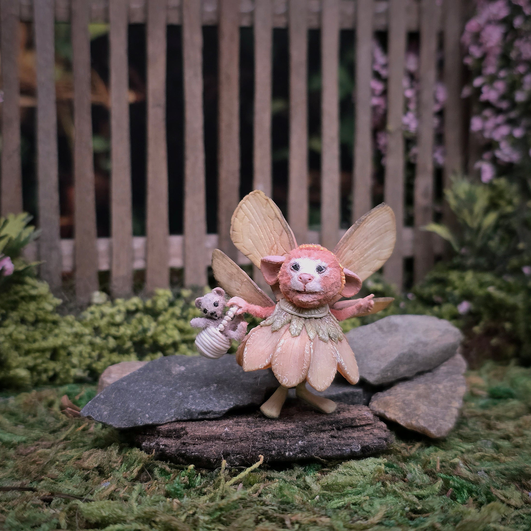 Aleah Klay OOAK Flower Fairy Mouse with Golden Wings & Tiny Teddy in Honey Pot