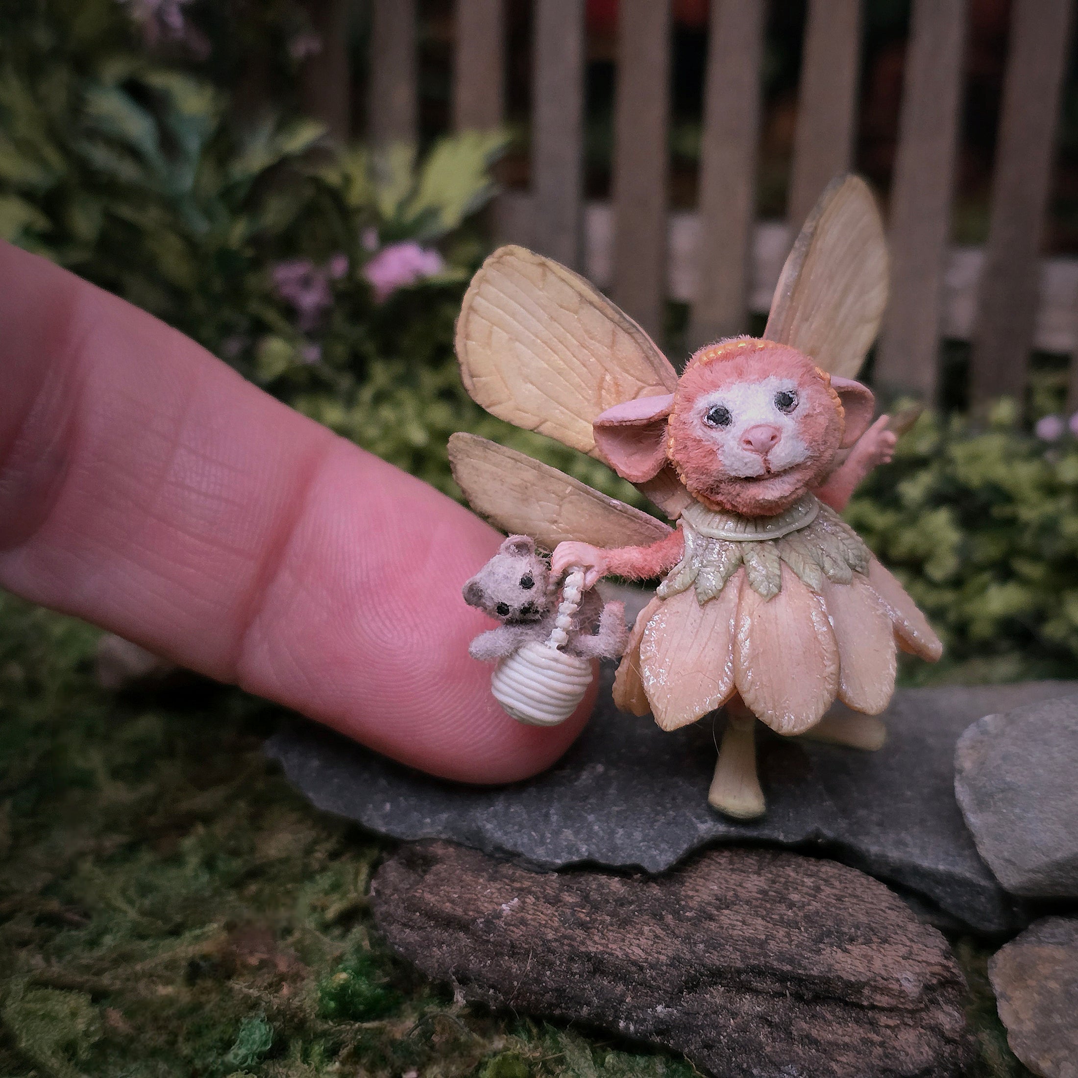 Aleah Klay OOAK Flower Fairy Mouse with Golden Wings & Tiny Teddy in Honey Pot