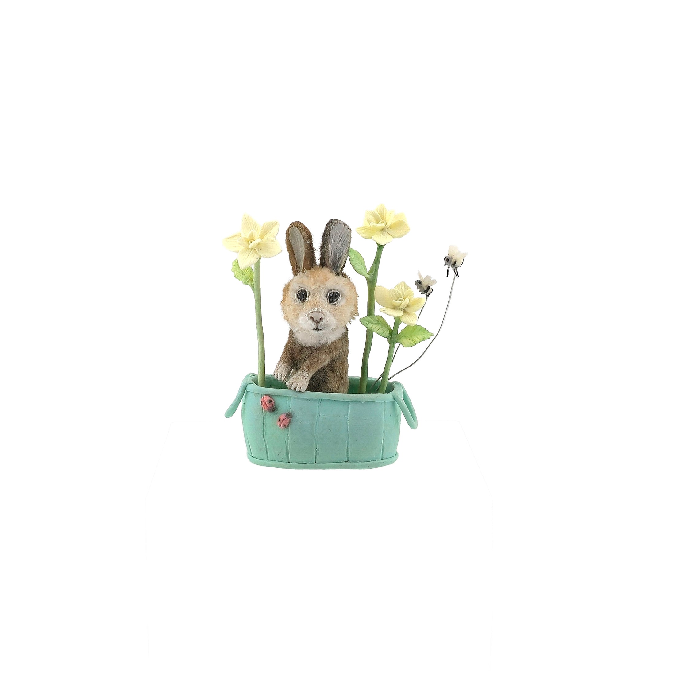 Aleah Klay OOAK Bunny in Garden Basket with Flowers, Ladybugs & Bees