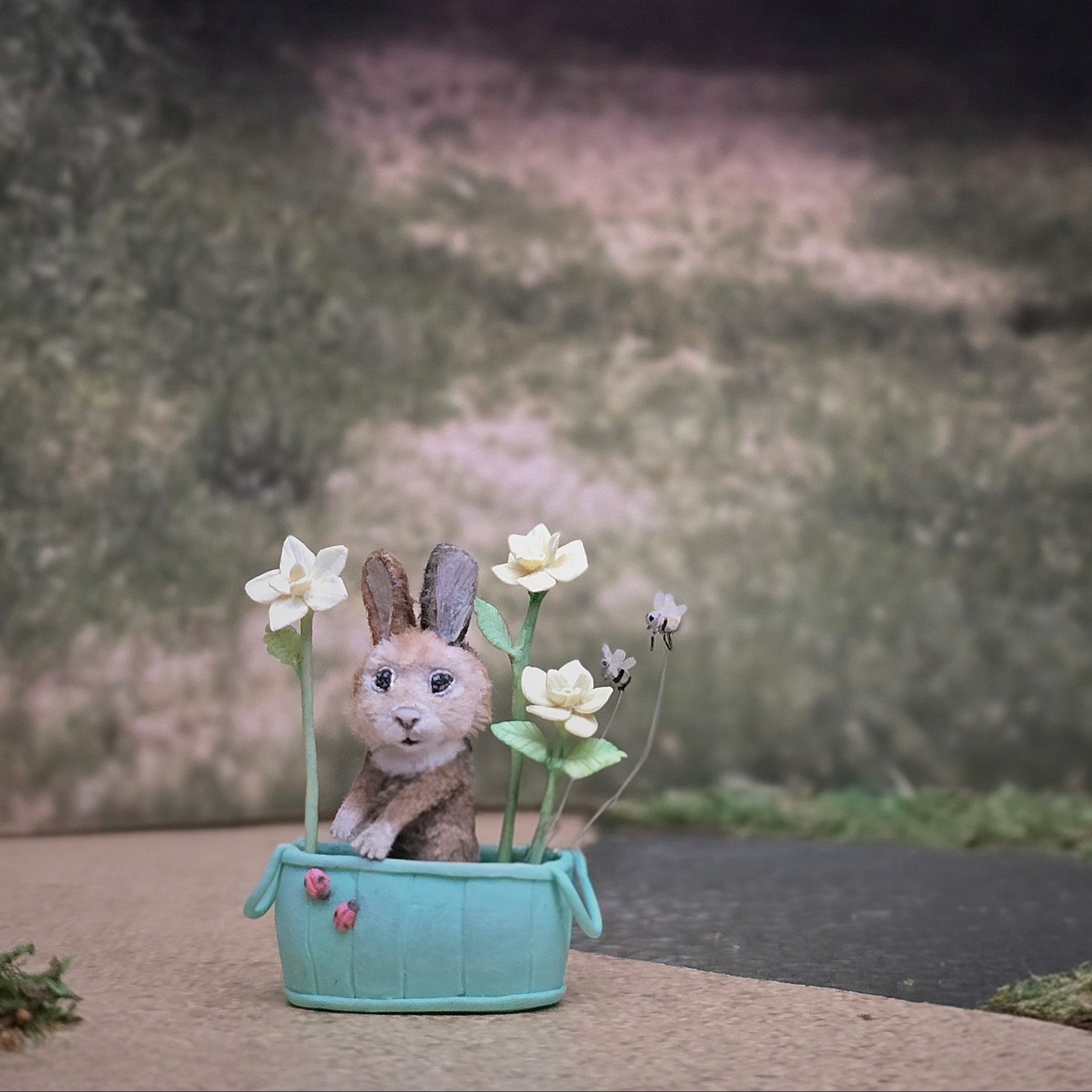 Aleah Klay OOAK Bunny in Garden Basket with Flowers, Ladybugs & Bees