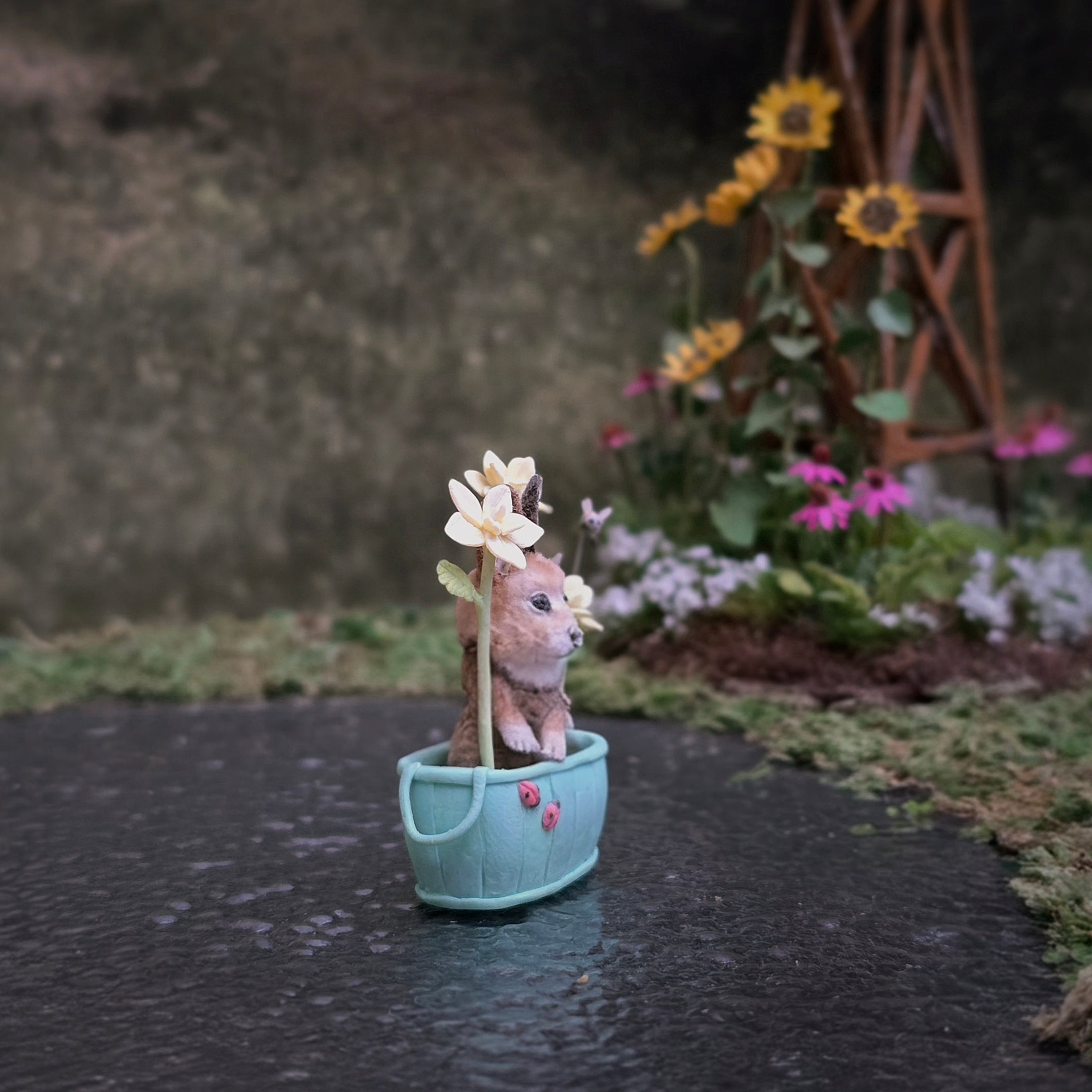 Aleah Klay OOAK Bunny in Garden Basket with Flowers, Ladybugs & Bees