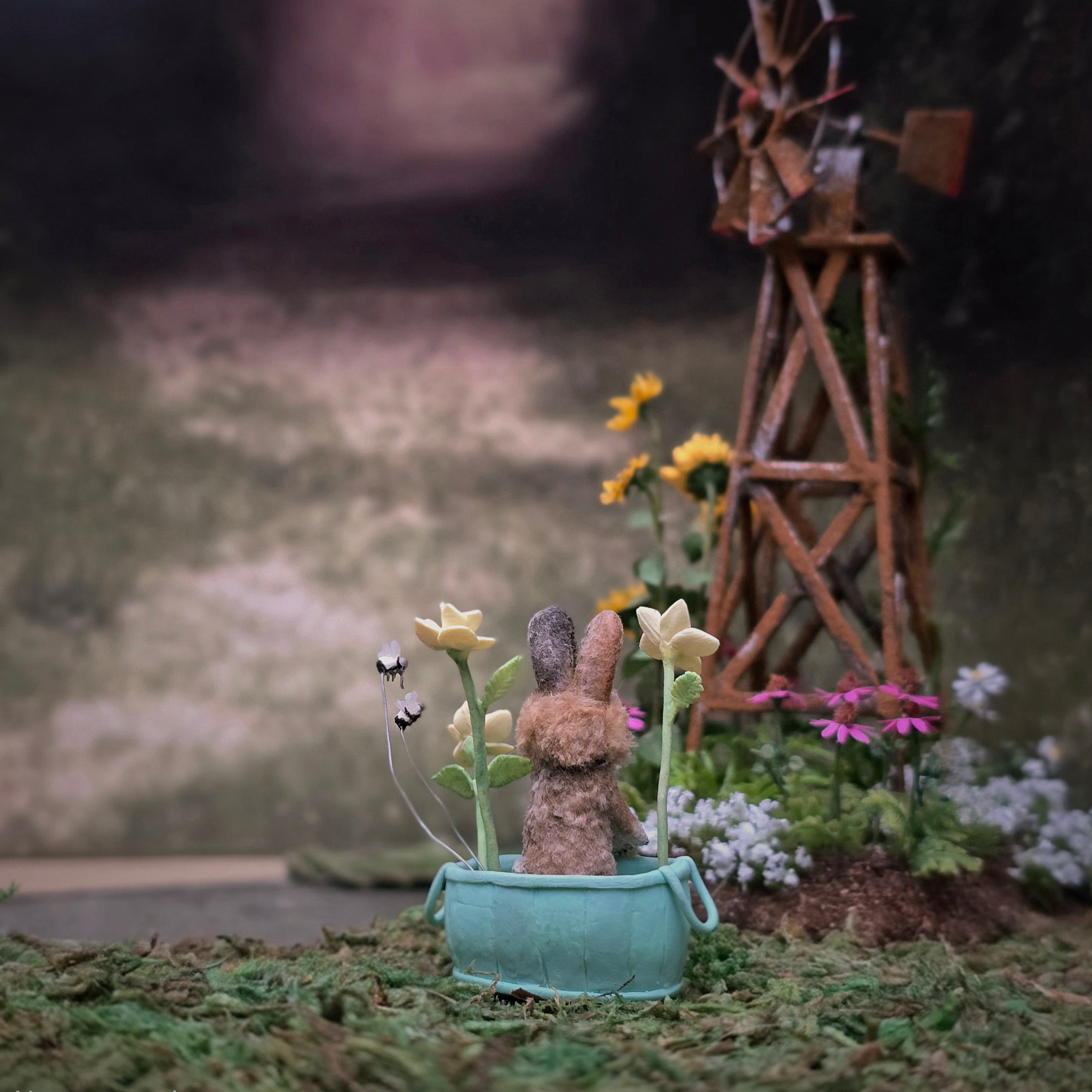 Aleah Klay OOAK Bunny in Garden Basket with Flowers, Ladybugs & Bees