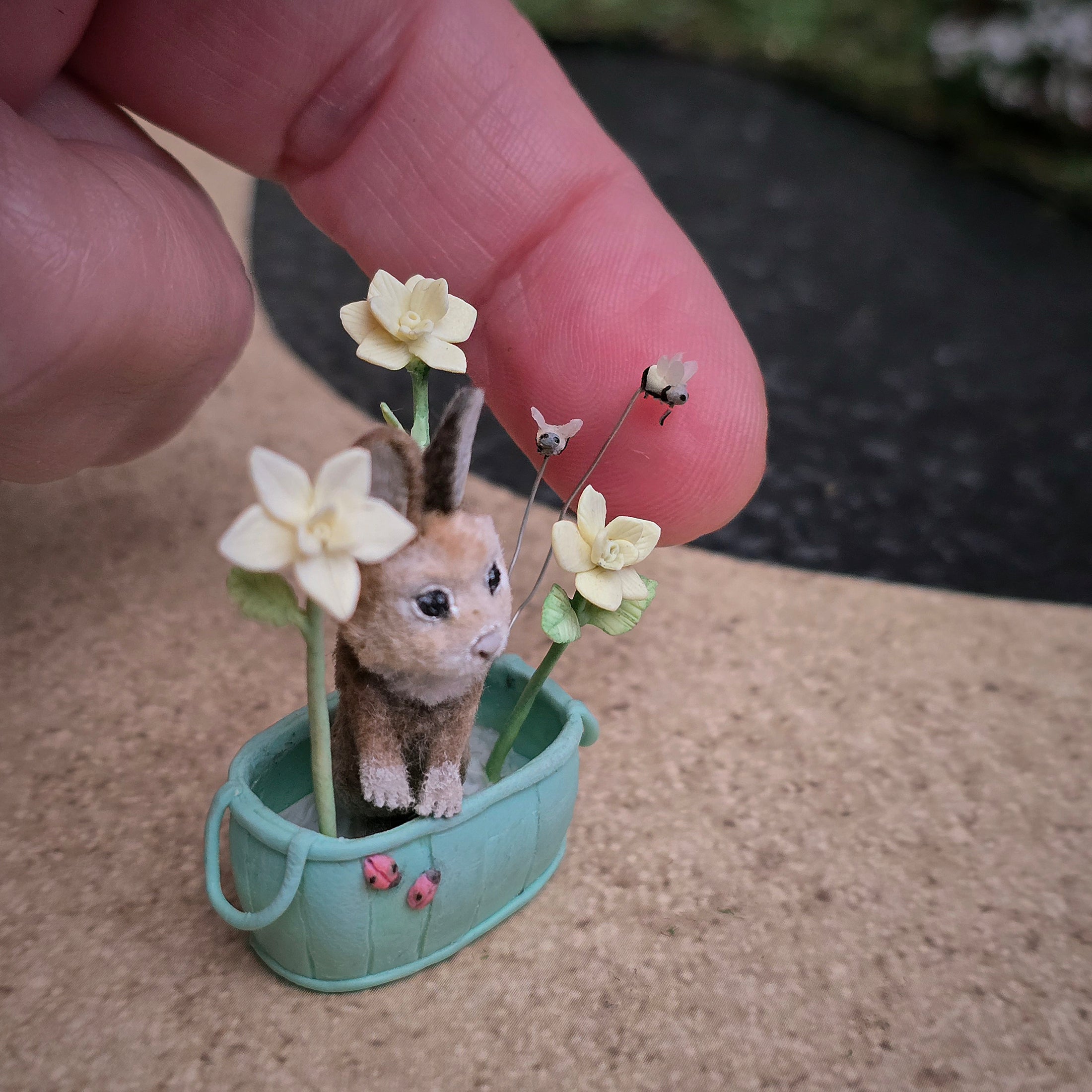 Aleah Klay OOAK Bunny in Garden Basket with Flowers, Ladybugs & Bees