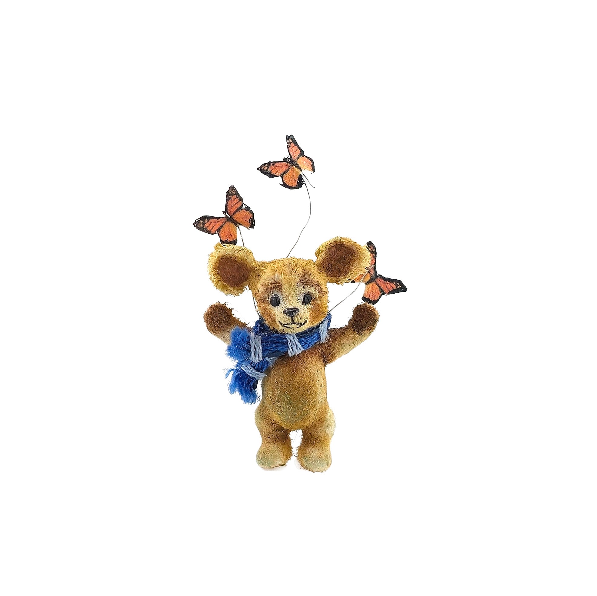 Aleah Klay OOAK Teddy Bear with Monarch Butterflies & Blue Striped Scarf