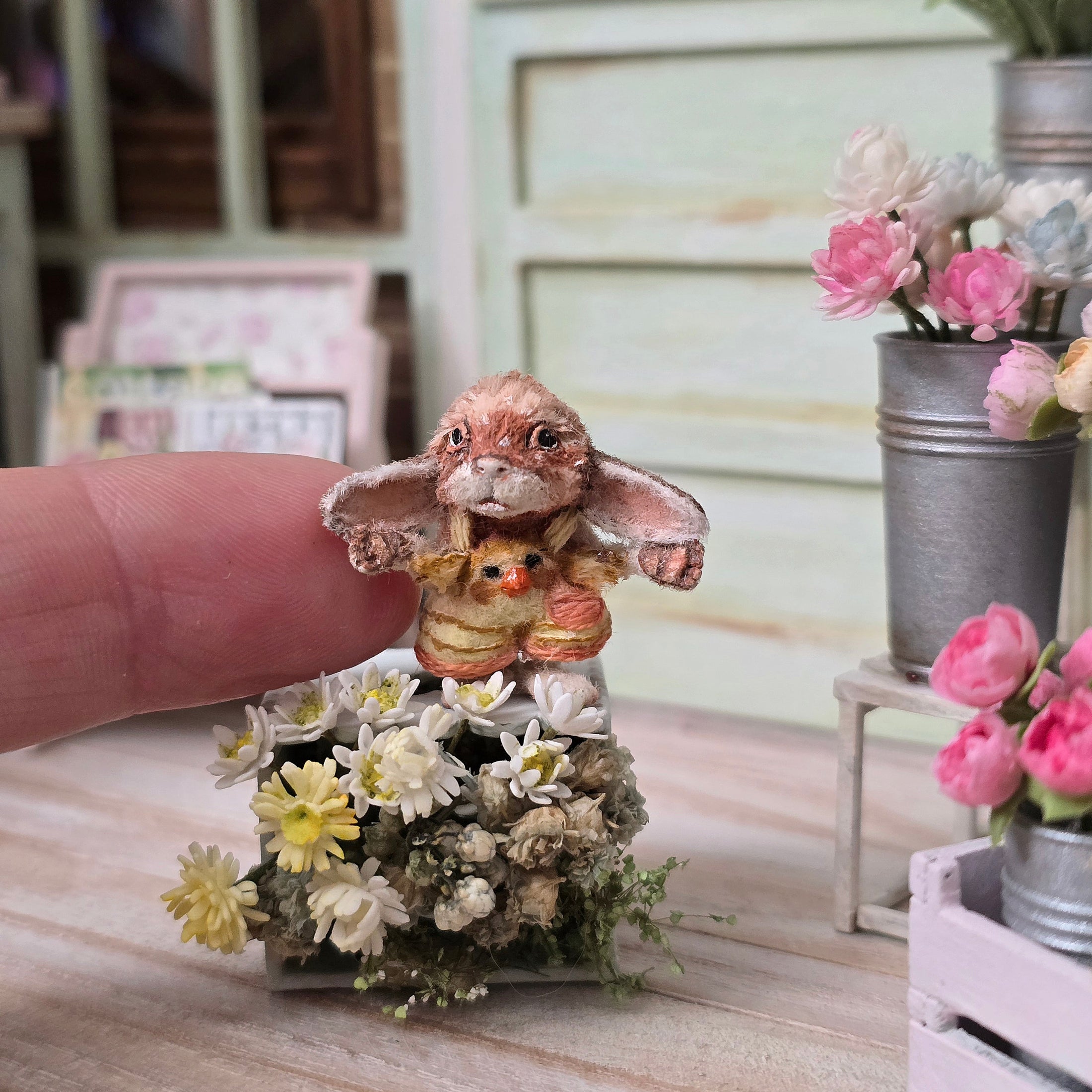 Aleah Klay OOAK Baby Bunny in Duckling Outfit Miniature Fantasy Sculpture