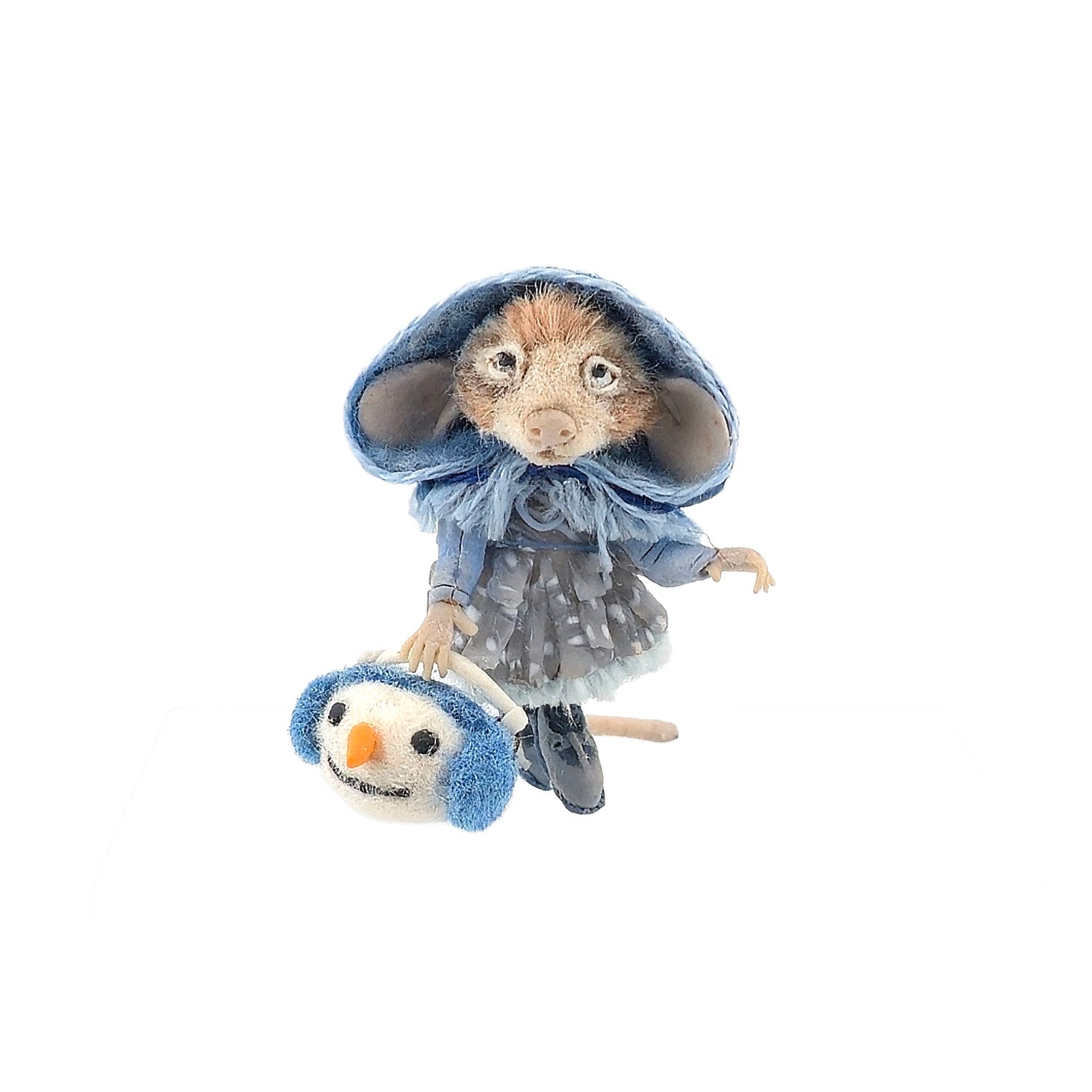 Aleah Klay OOAK Winter Mouse Girl with Snowman Basket & Blue Hooded Coat